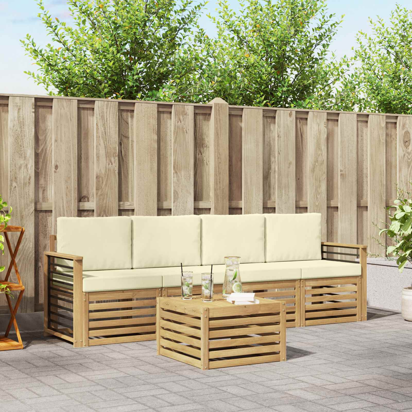 Outdoor-Sofagarnitur 5 stk. Weiß und Creme Polyester