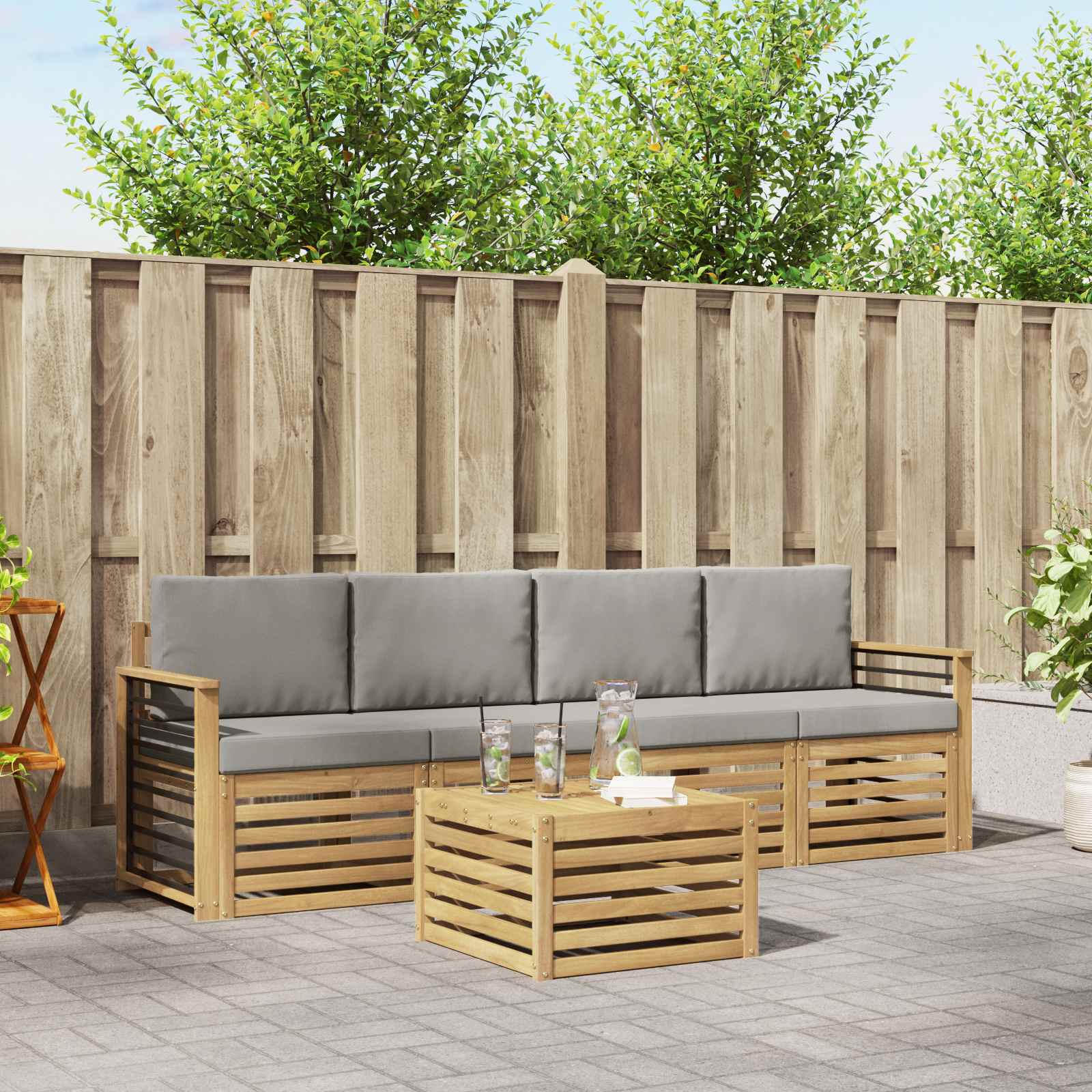 Outdoor-Sofagarnitur 5 stk. Weiß und Hellgrau Polyester