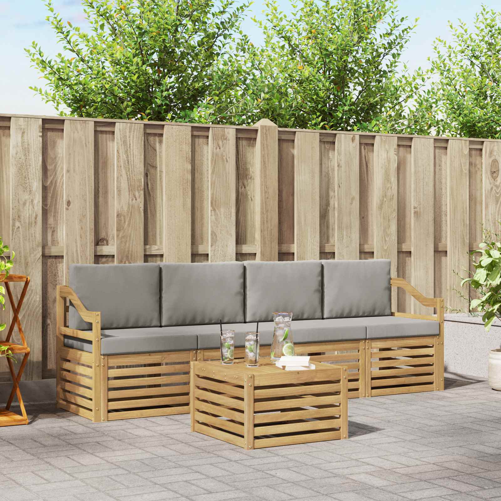 Outdoor-Sofagarnitur 5 stk. Weiß und Hellgrau Polyester