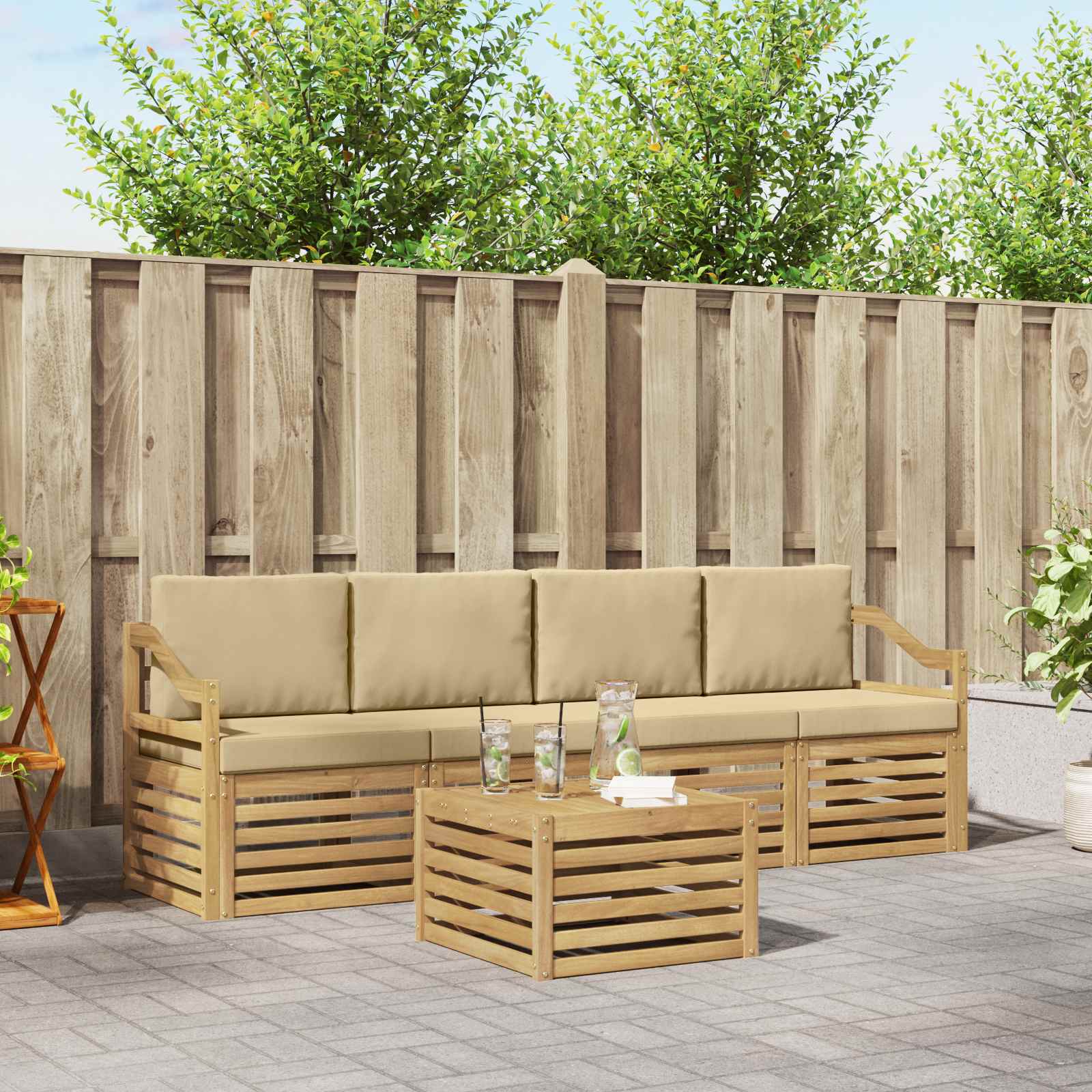 Outdoor-Sofagarnitur 5 stk. Weiß und Beige Polyester