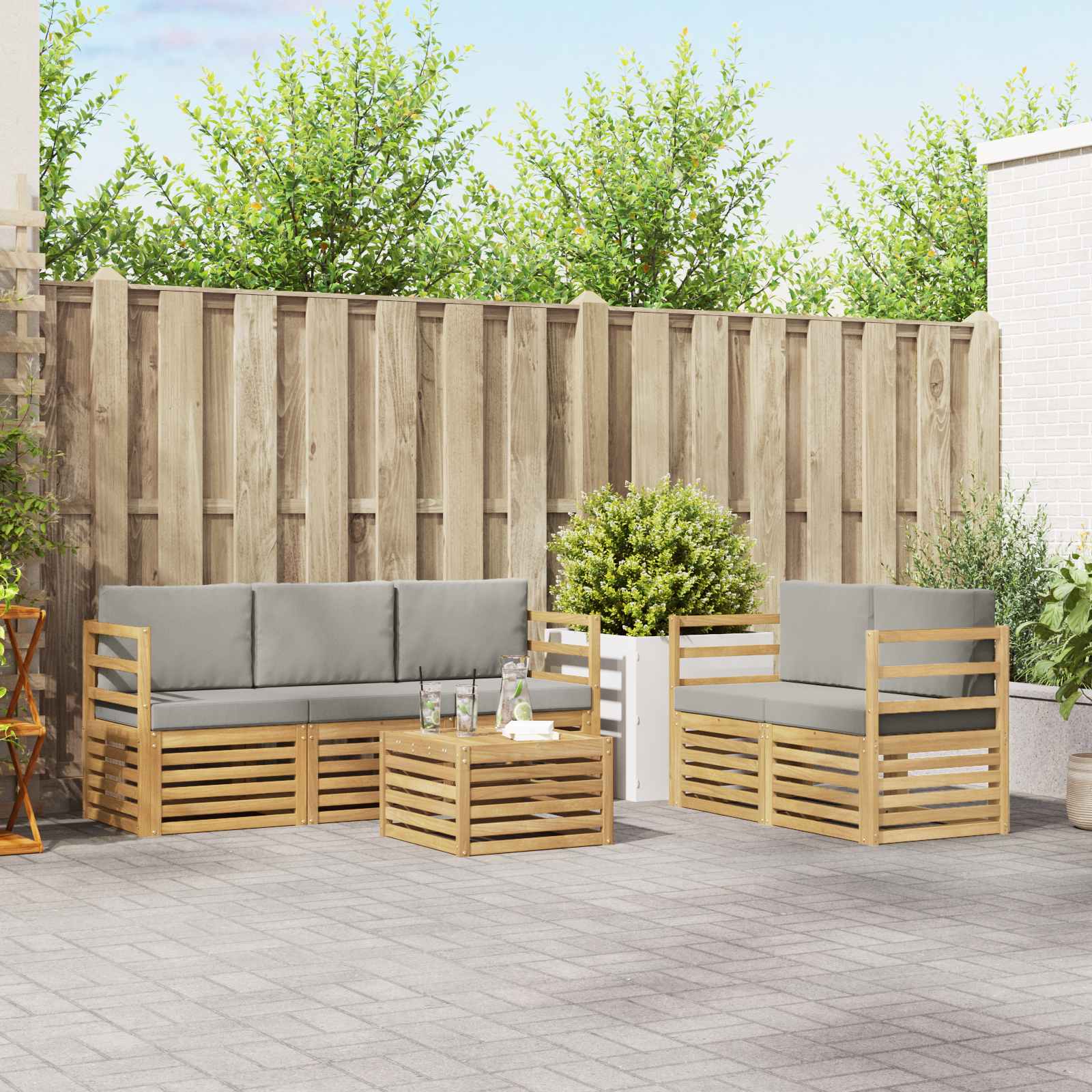 Outdoor-Sofagarnitur 6 stk. Weiß und Hellgrau Polyester