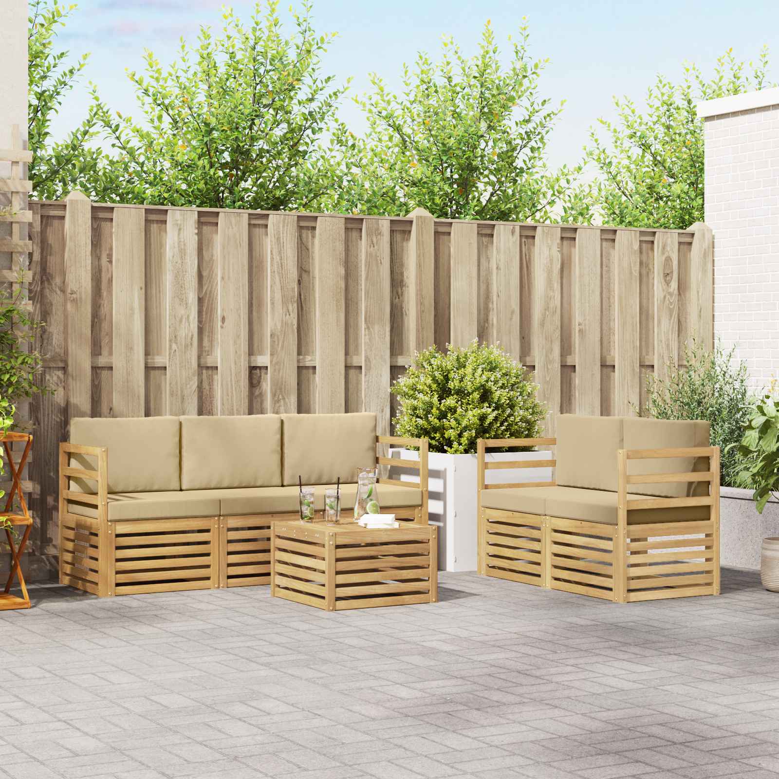 Outdoor-Sofagarnitur 6 stk. Weiß und Beige Polyester