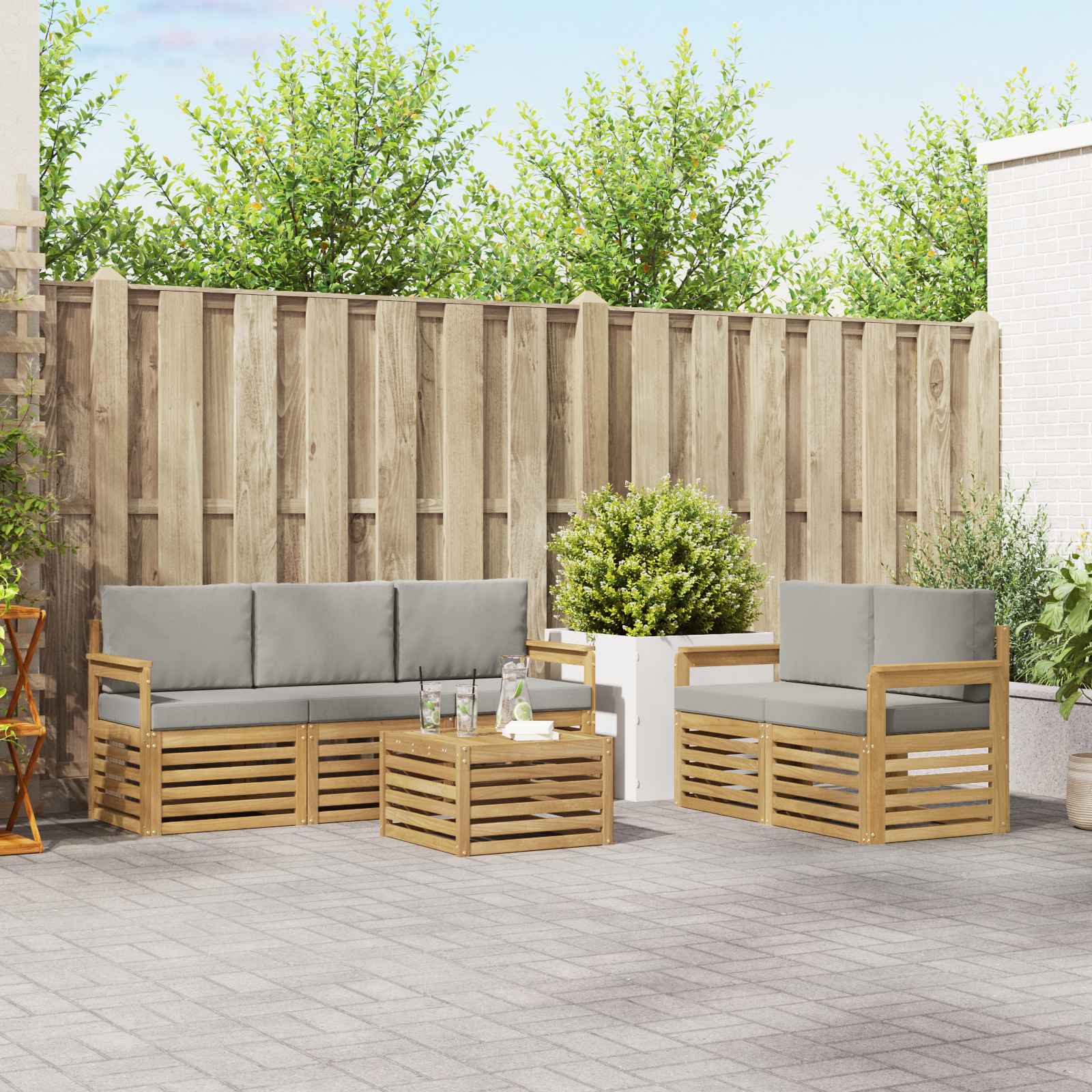 Outdoor-Sofagarnitur 6 Stk. Weiß und Hellgrau Polyester