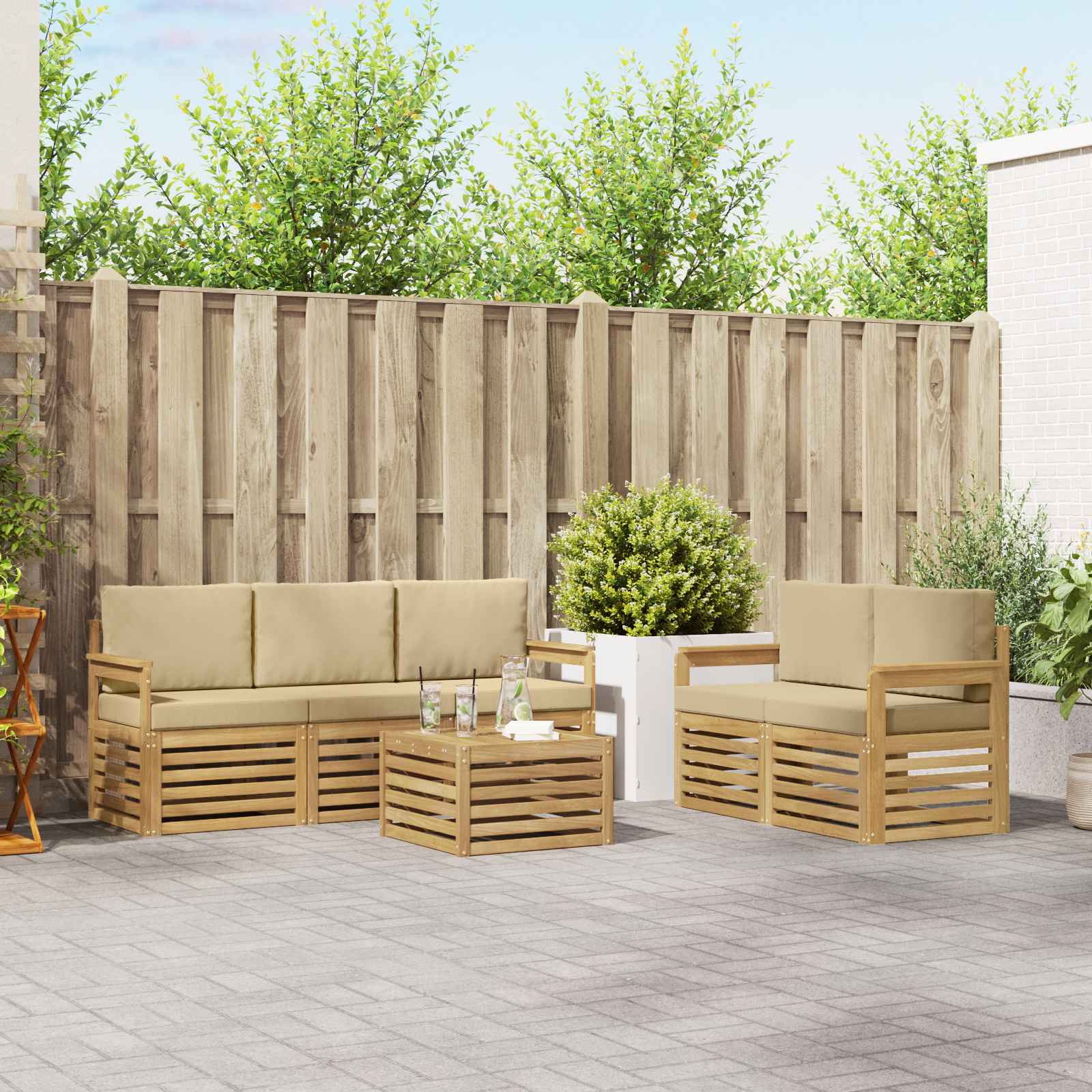 Outdoor-Sofagarnitur 6 Stk. Weiß und Beige Polyester