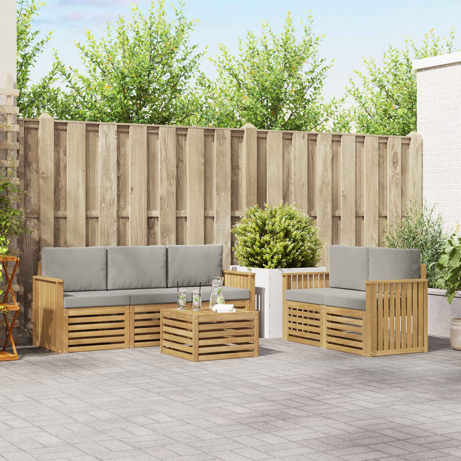 Outdoor-Sofagarnitur 6 Stk. Weiß und Hellgrau Polyester