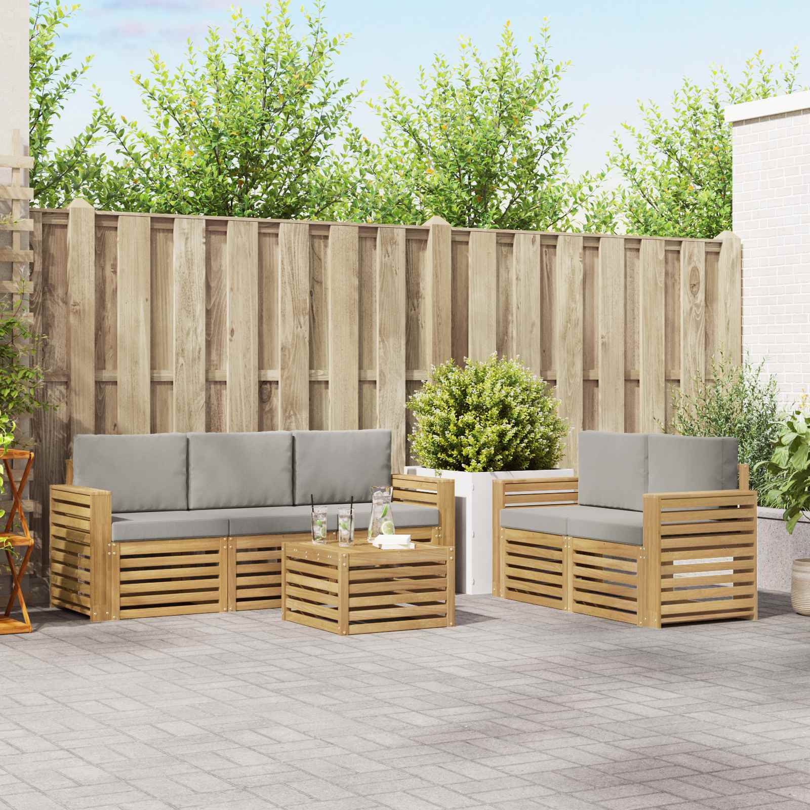 Outdoor-Sofagarnitur 6 Stk. Weiß und Hellgrau Polyester