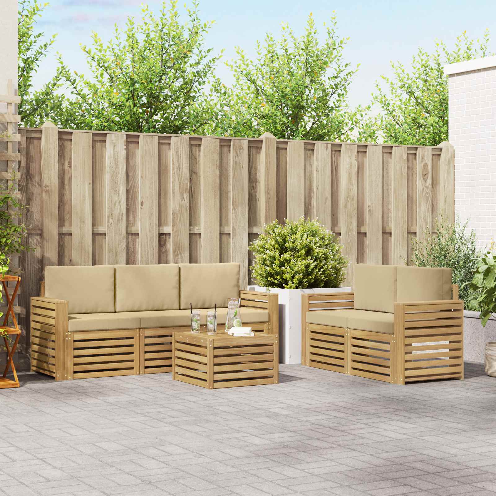 Outdoor-Sofagarnitur 6 Stk. Weiß und Beige Polyester