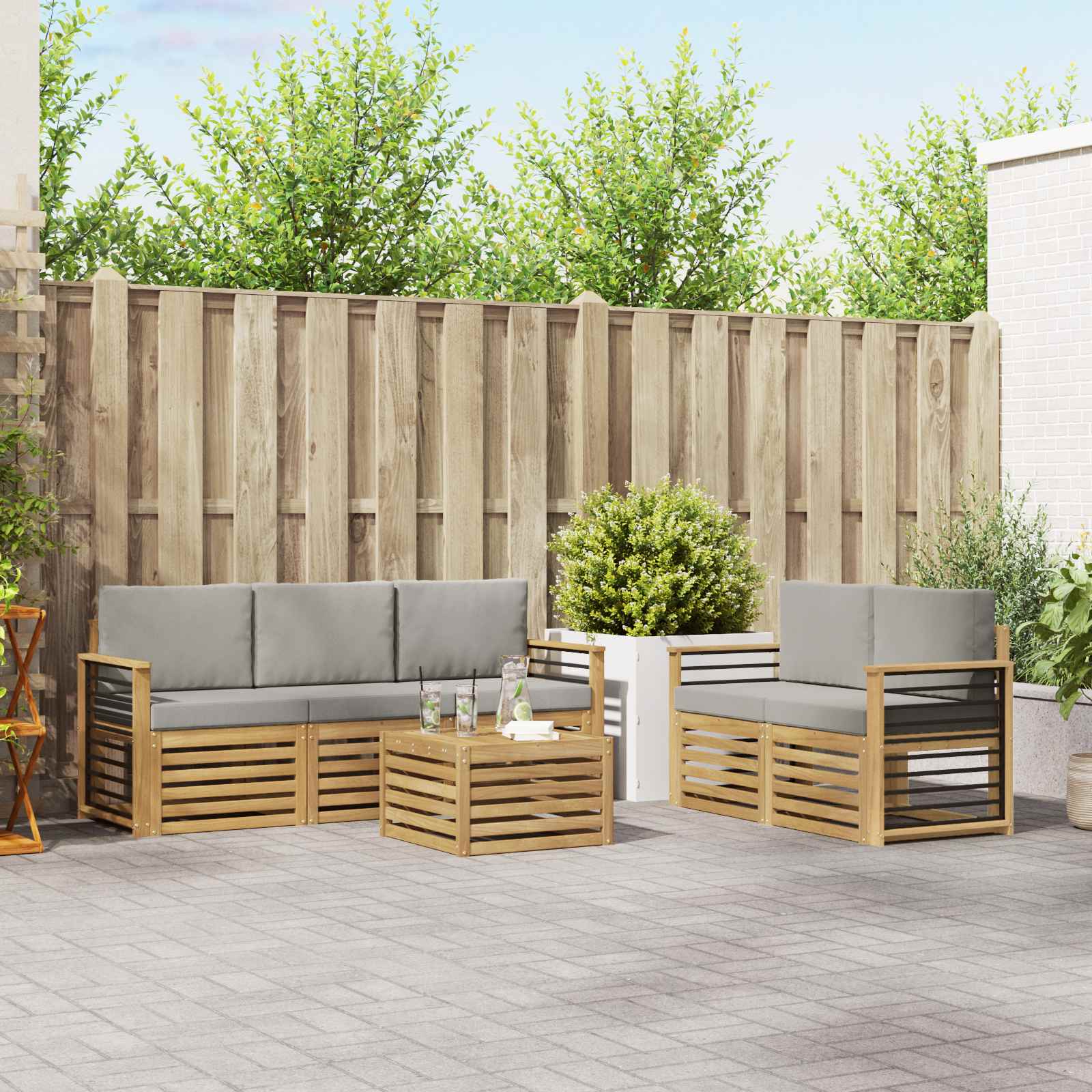 Outdoor-Sofagarnitur 6 stk. Weiß und Hellgrau Polyester
