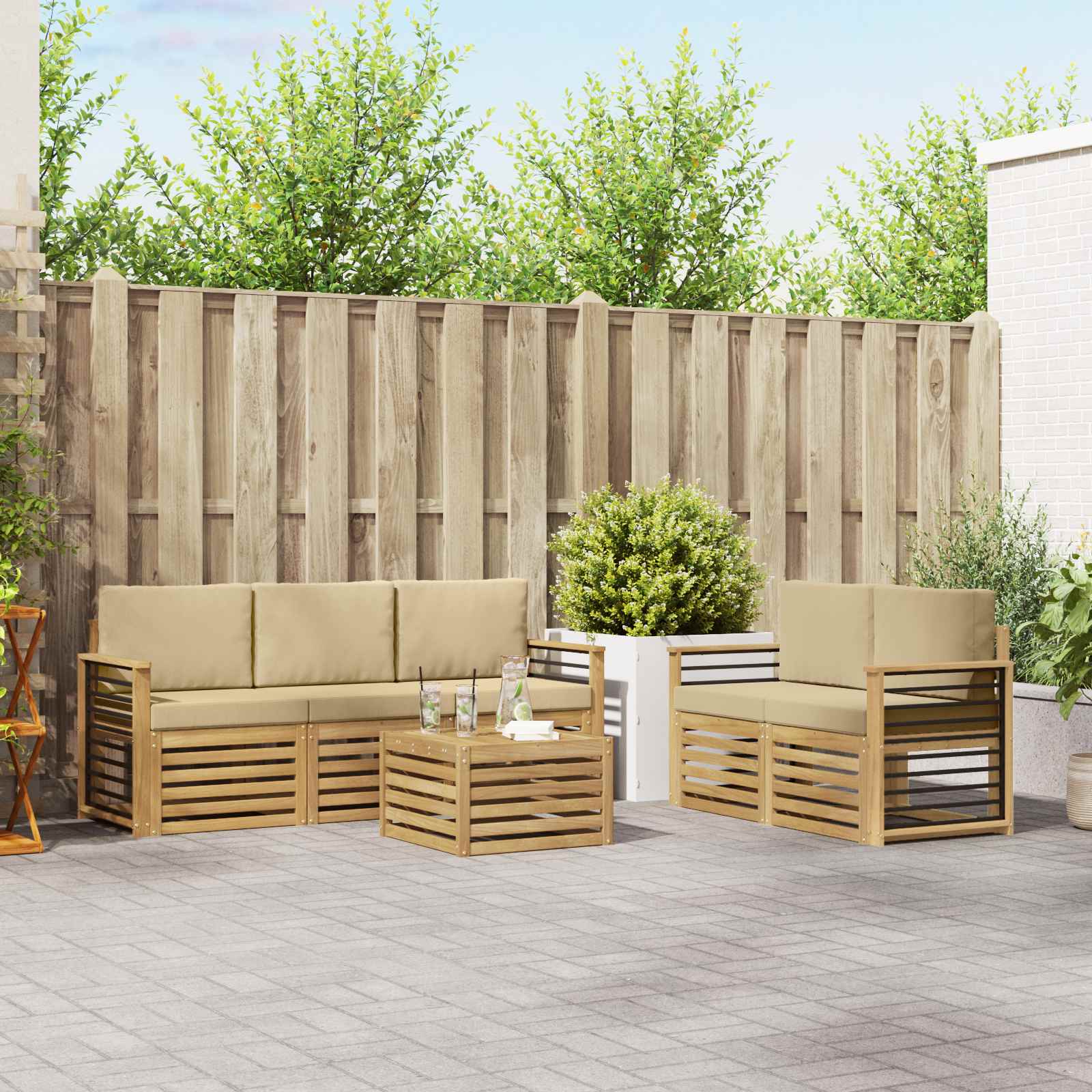 Outdoor-Sofagarnitur 6 stk. Weiß und Beige Polyester