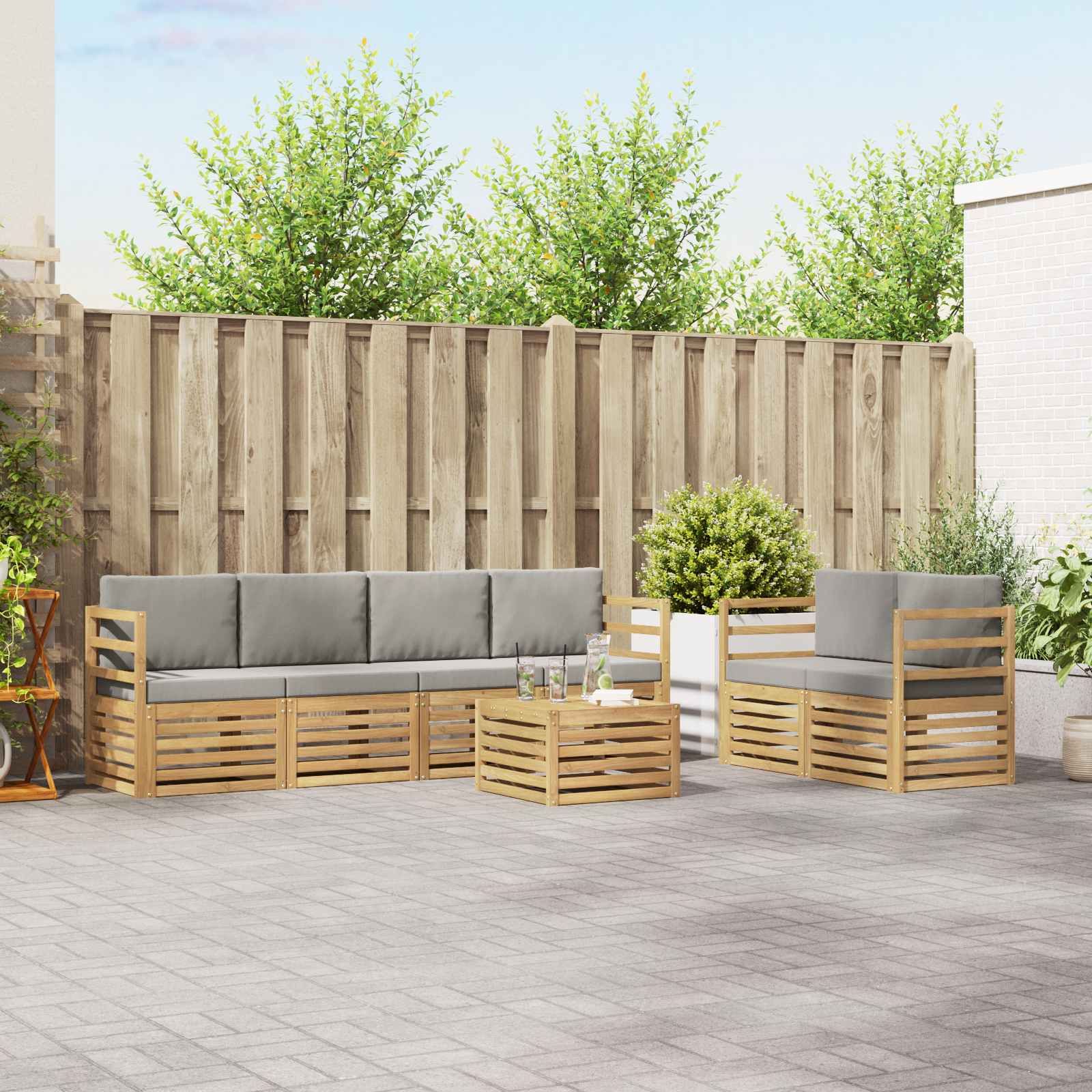 Outdoor-Sofagarnitur 7 stk. Weiß und Hellgrau Polyester
