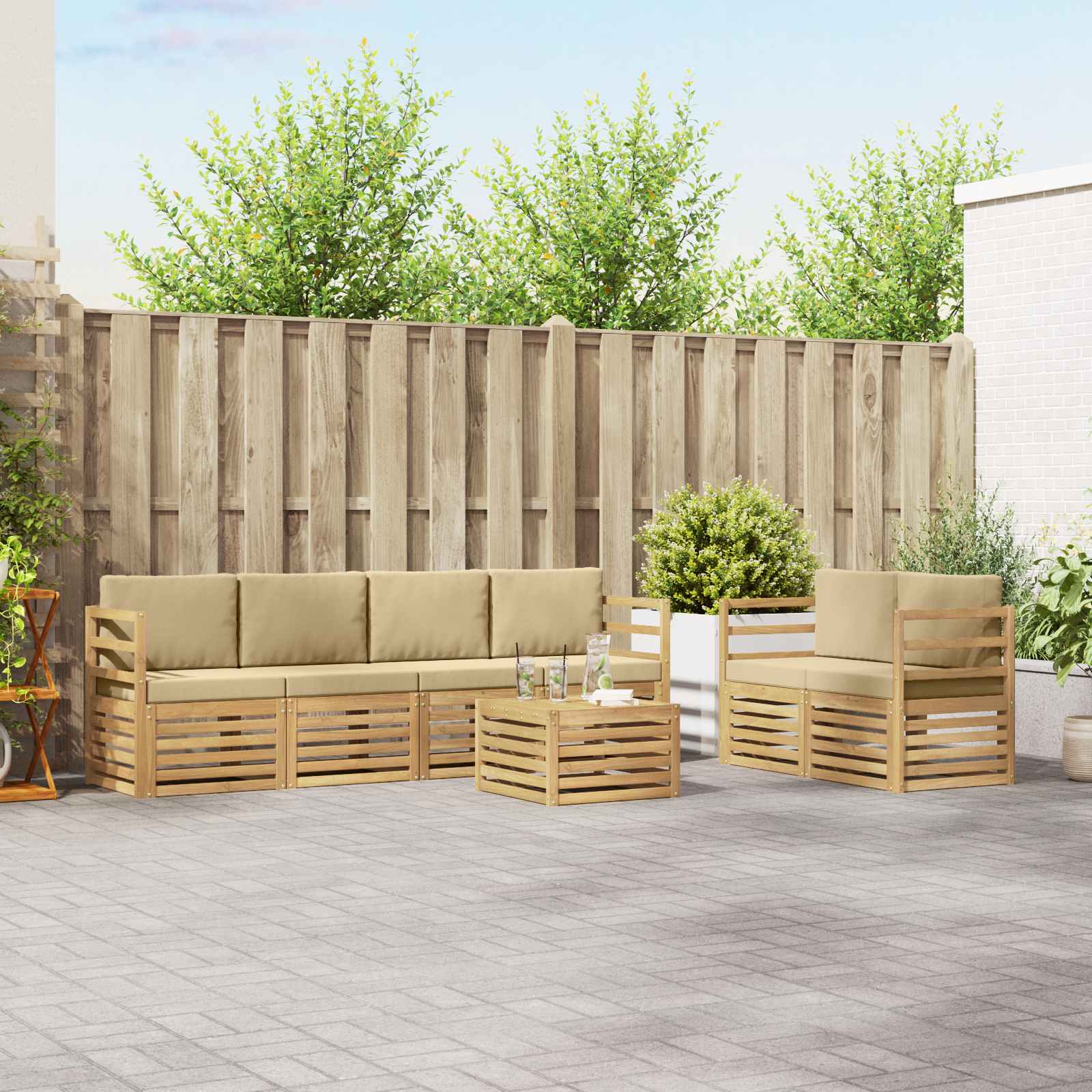 Outdoor-Sofagarnitur 7 stk. Weiß und Beige Polyester