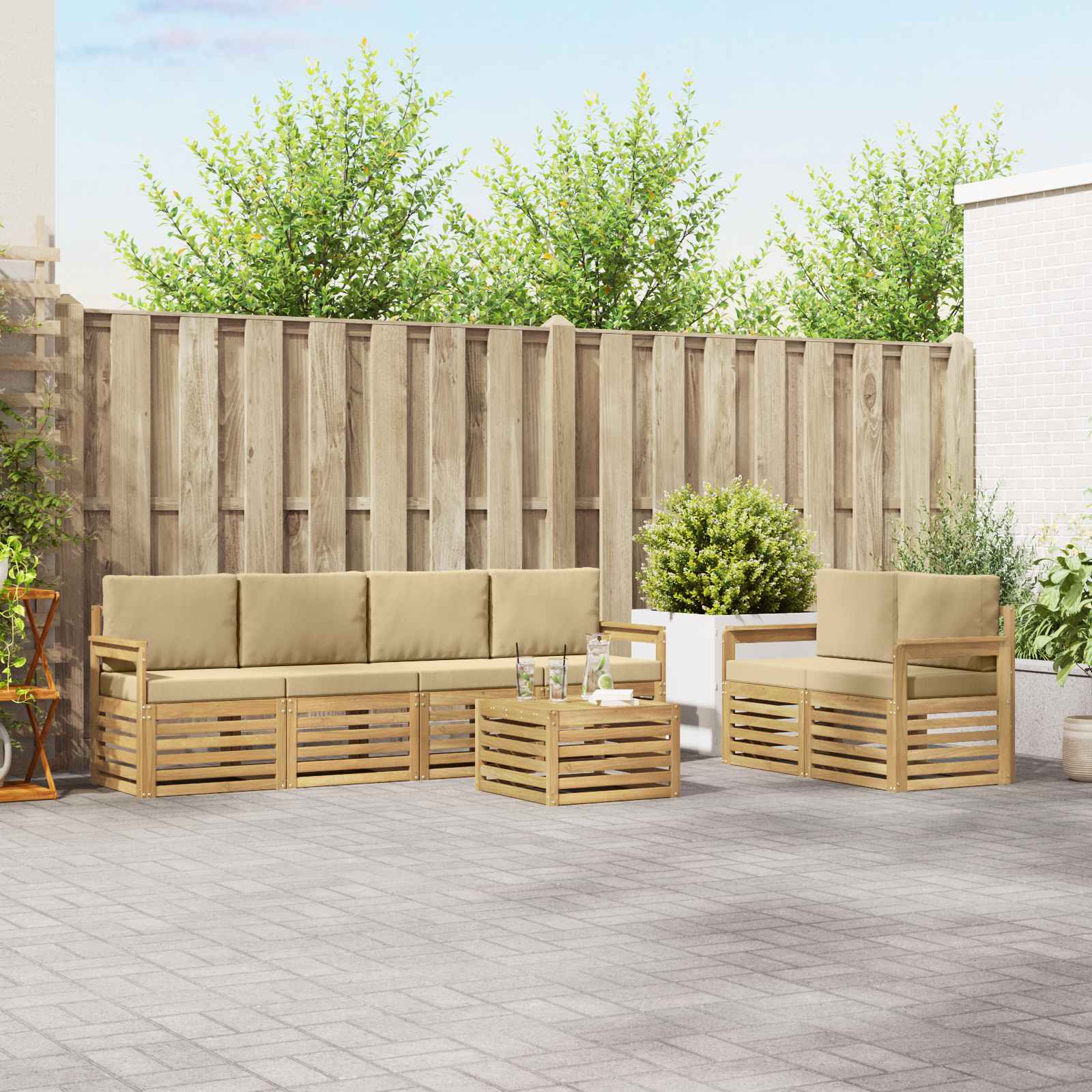Outdoor-Sofagarnitur 7 stk. Weiß und Beige Polyester