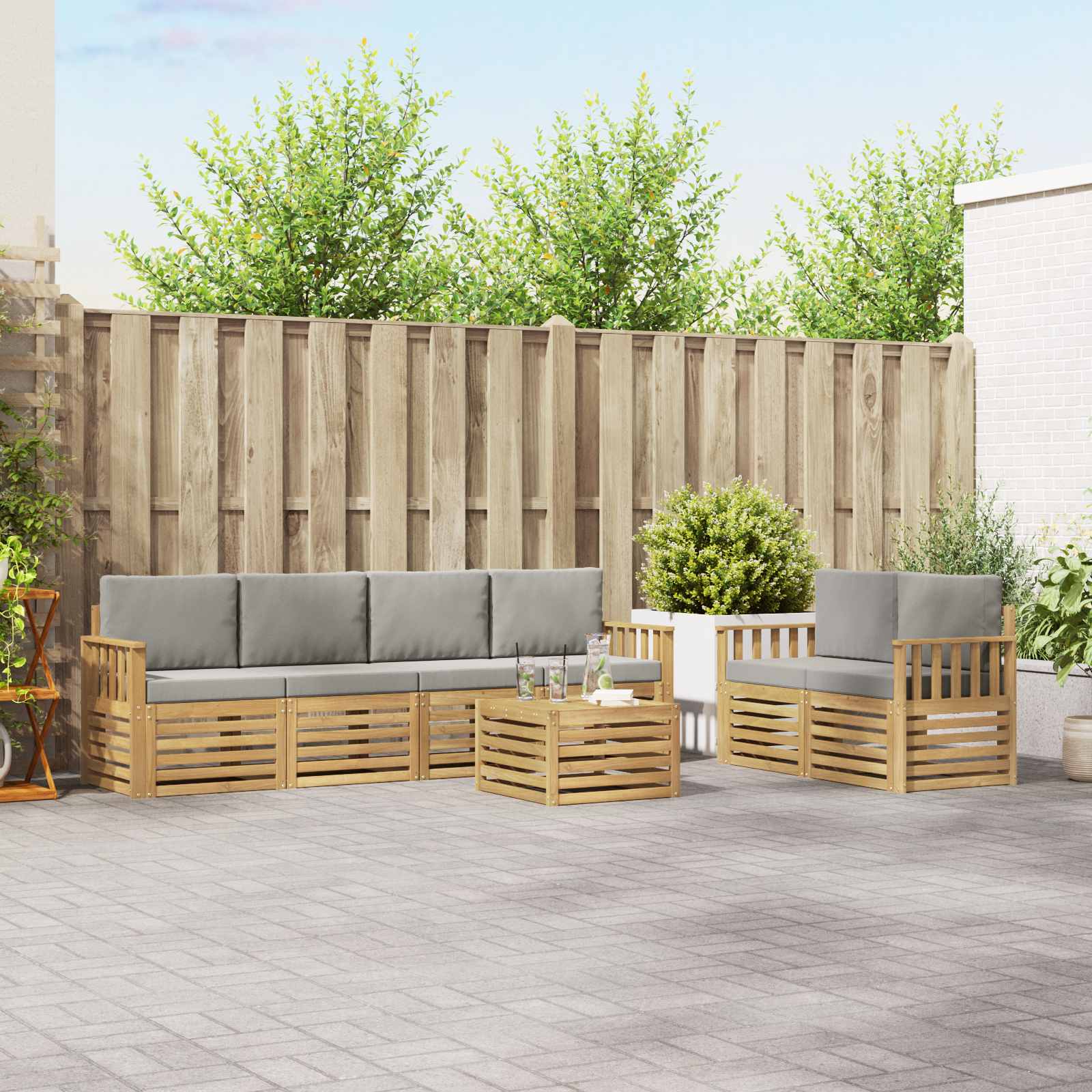 Outdoor-Sofagarnitur 7 stk. Weiß und Hellgrau Polyester