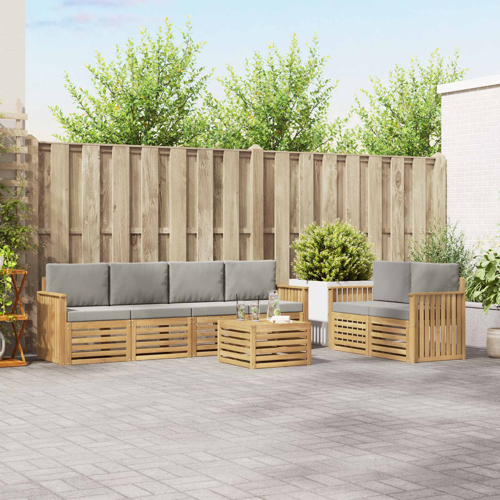 Outdoor-Sofagarnitur 7 stk. Weiß und Hellgrau Polyester