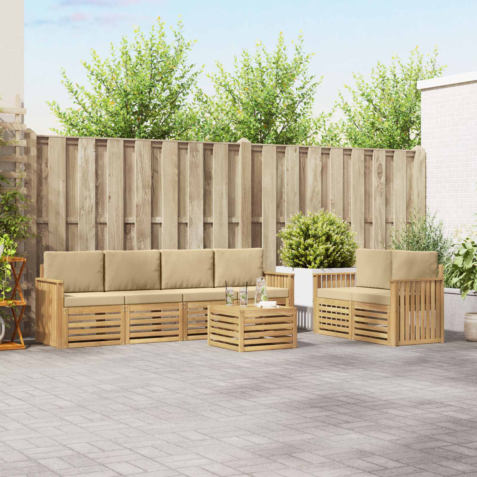 Outdoor-Sofagarnitur 7 stk. Weiß und Beige Polyester