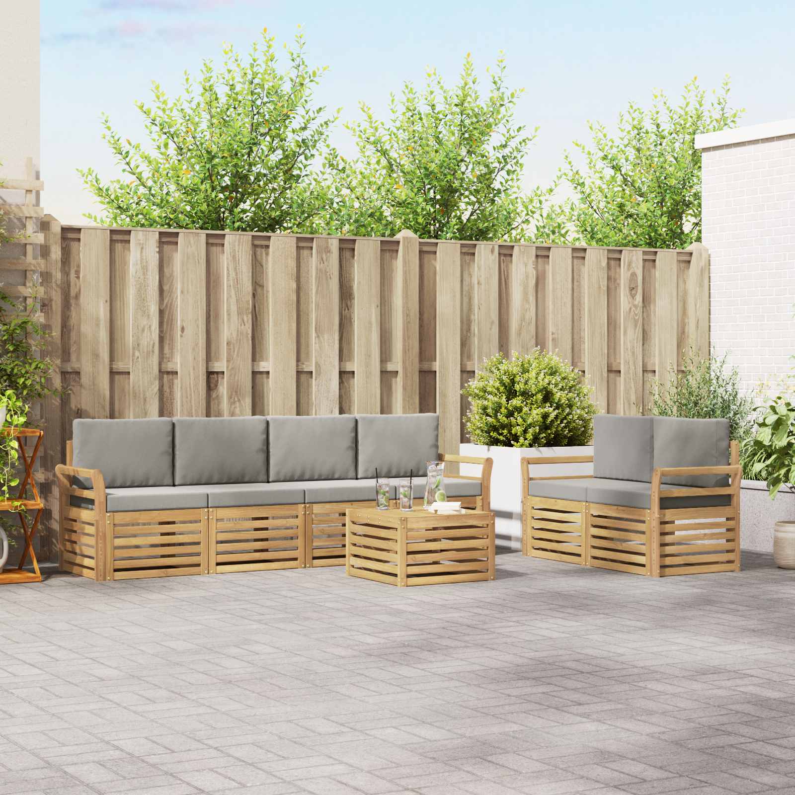 Outdoor-Sofagarnitur 7 stk. Weiß und Hellgrau Polyester