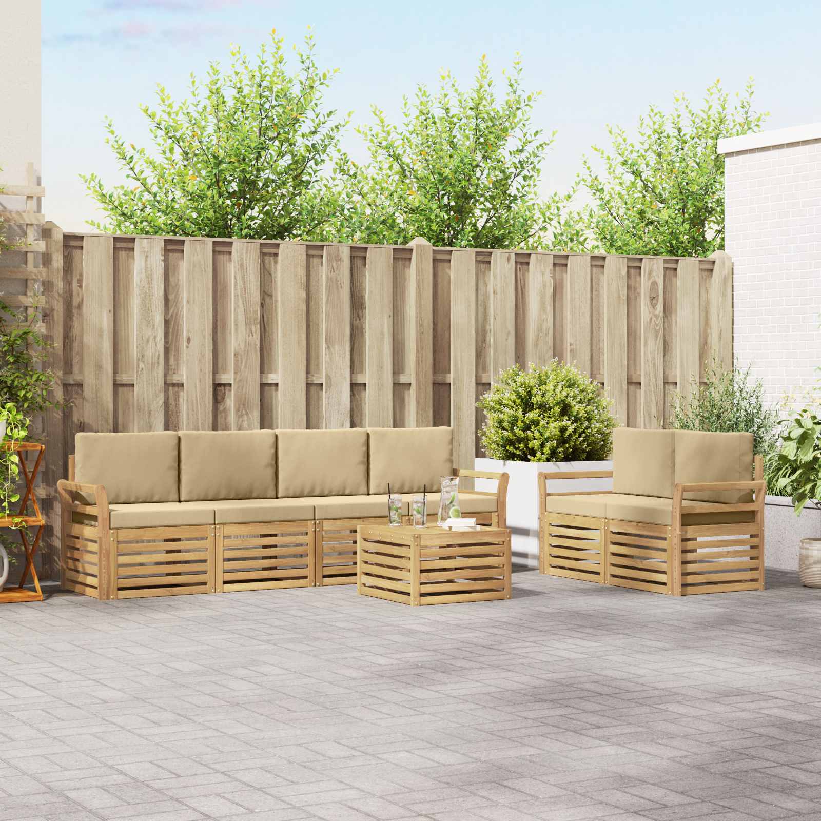 Outdoor-Sofagarnitur 7 stk. Weiß und Beige Polyester