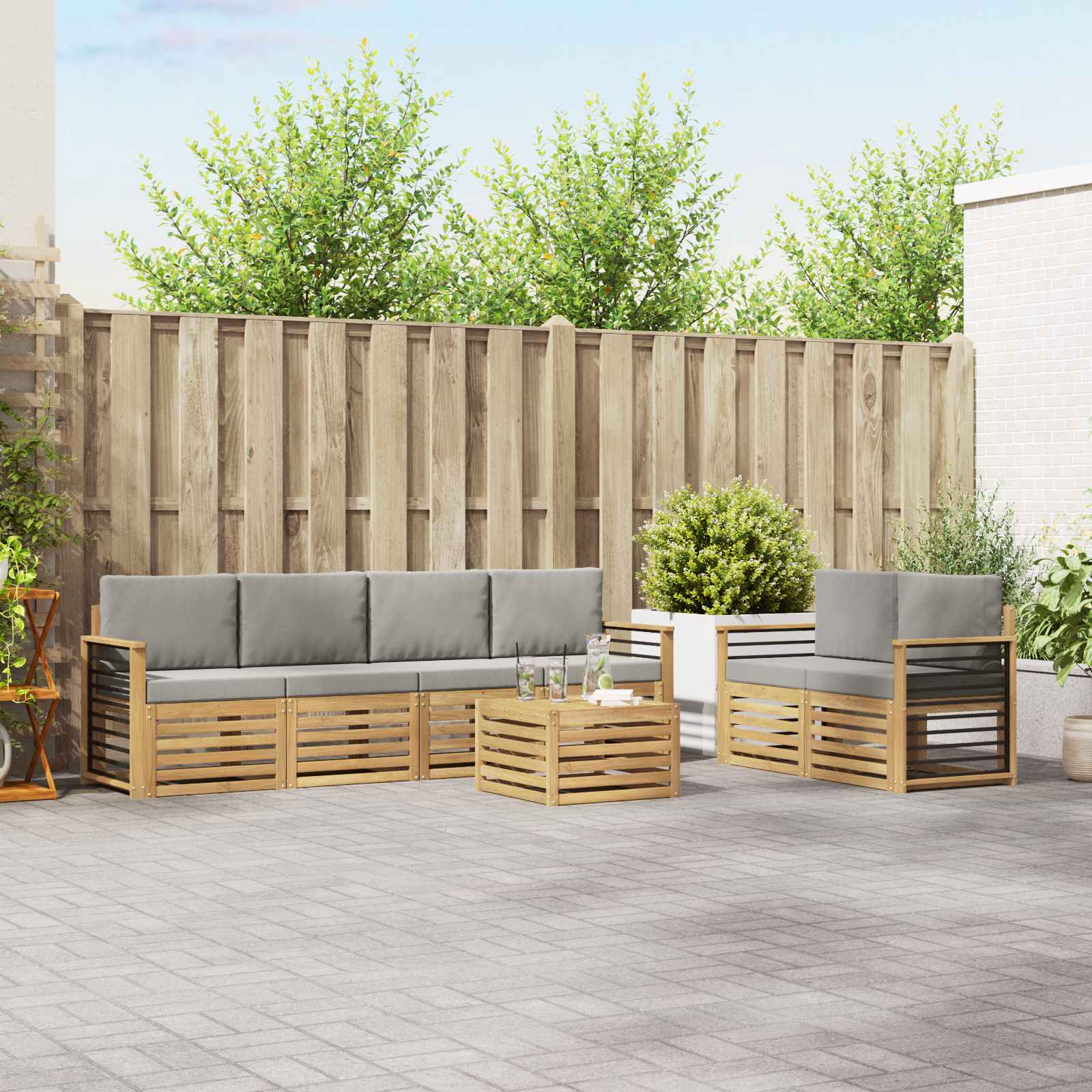 Outdoor-Sofagarnitur 7 stk. Weiß und Hellgrau Polyester