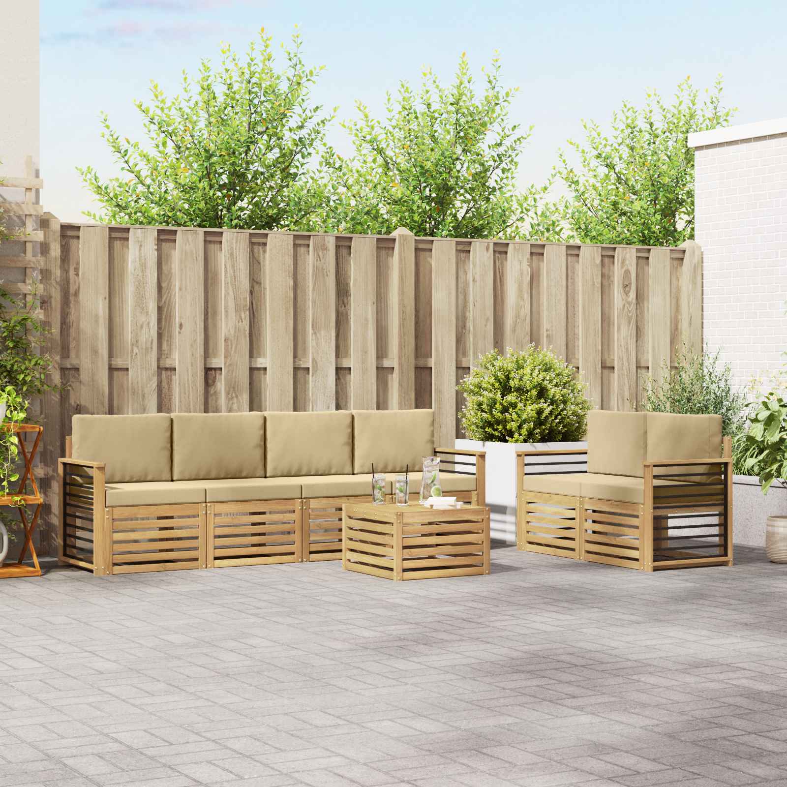 Outdoor-Sofagarnitur 7 stk. Weiß und Beige Polyester