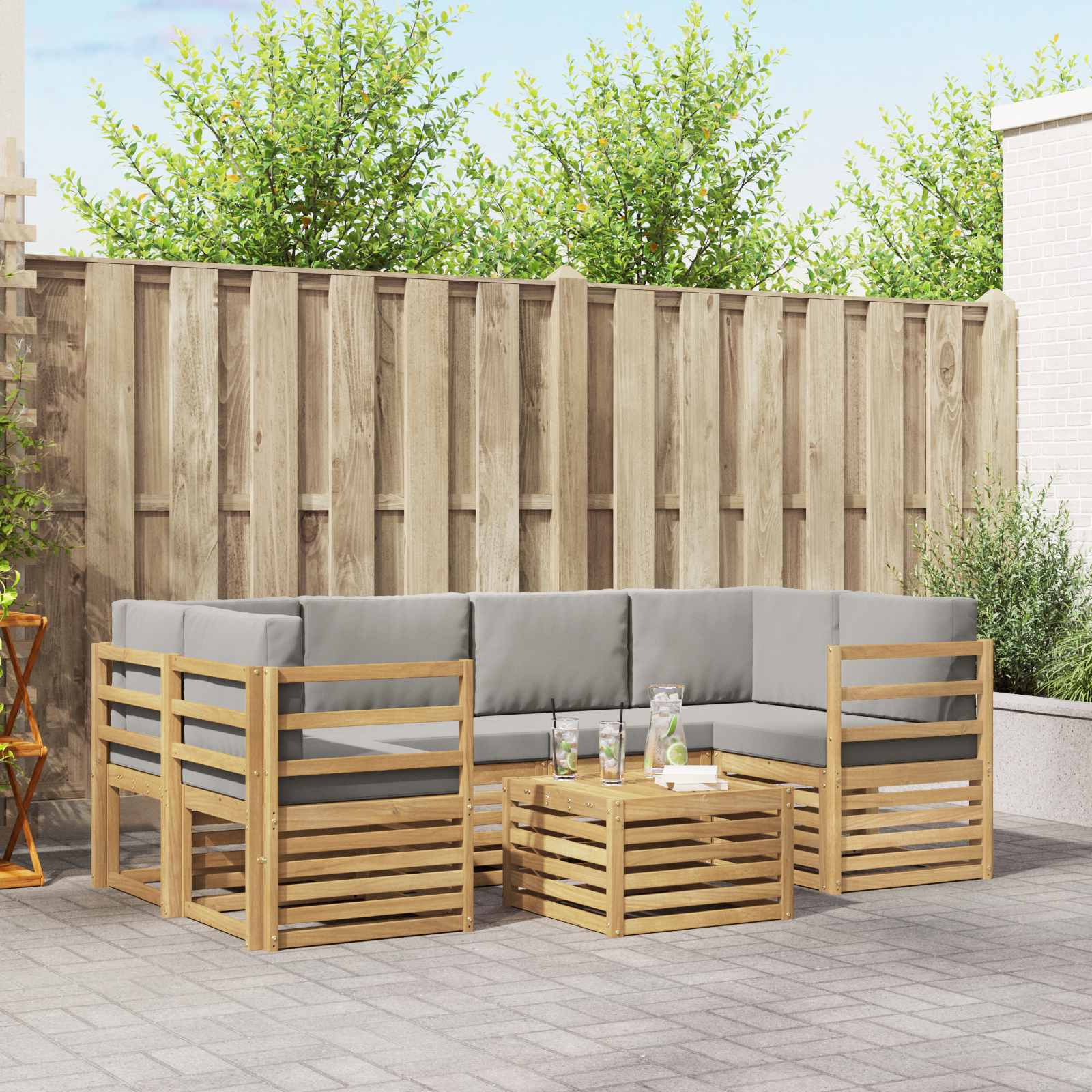 Outdoor-Sofagarnitur 7 stk. Weiß und Hellgrau Polyester