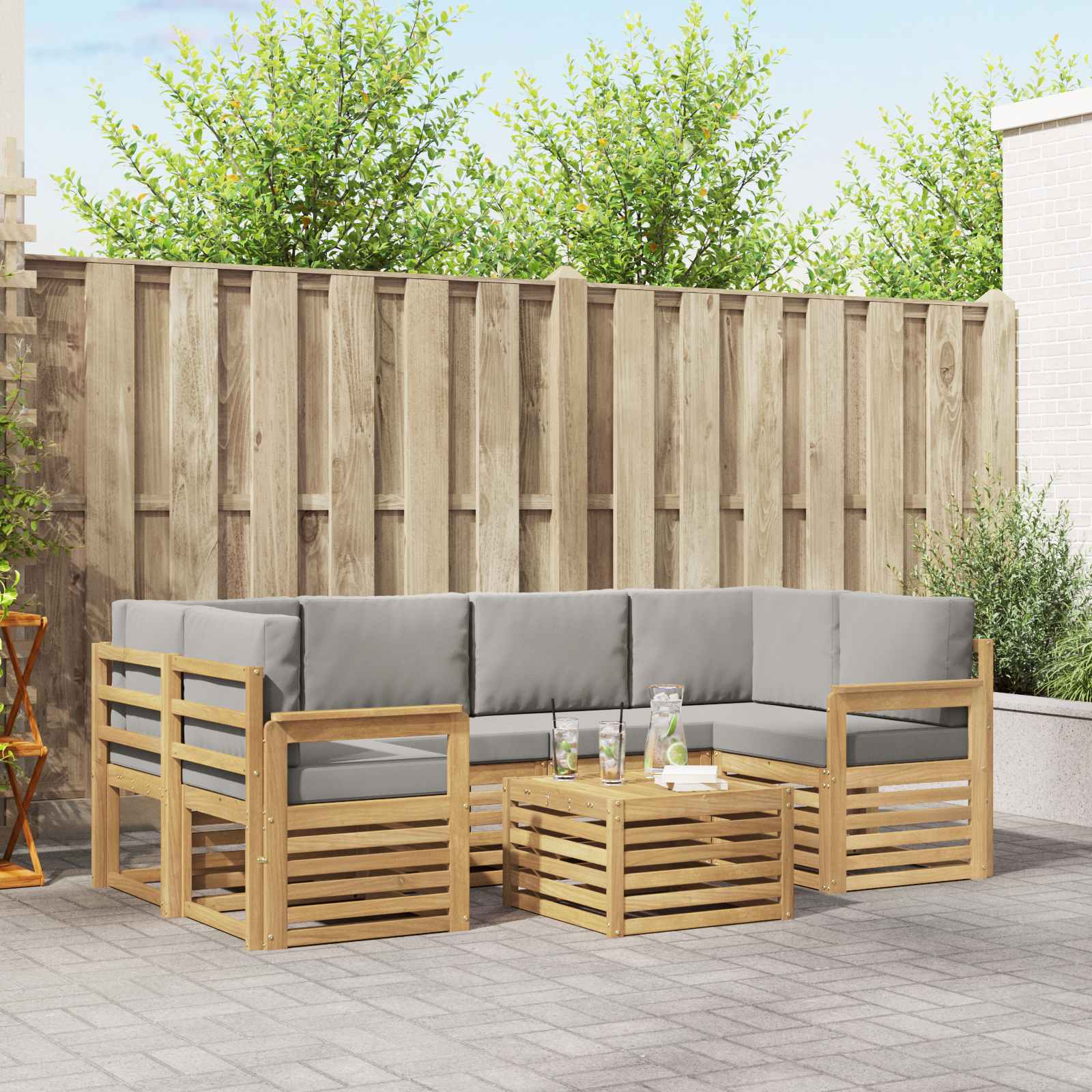 Outdoor-Sofagarnitur 7 stk. Weiß und Hellgrau Polyester