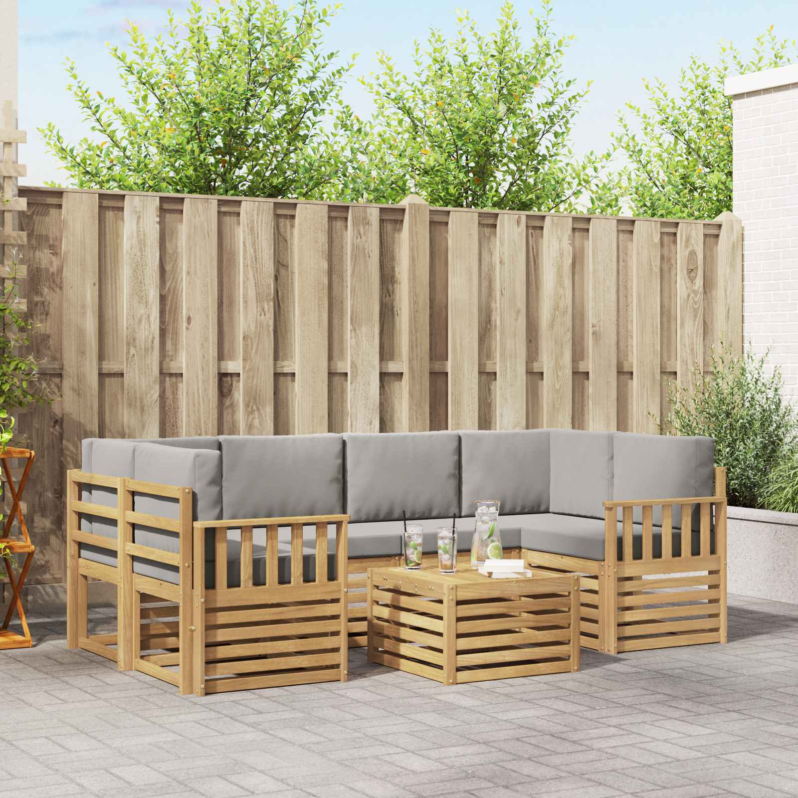 Outdoor-Sofagarnitur 7 stk. Weiß und Hellgrau Polyester