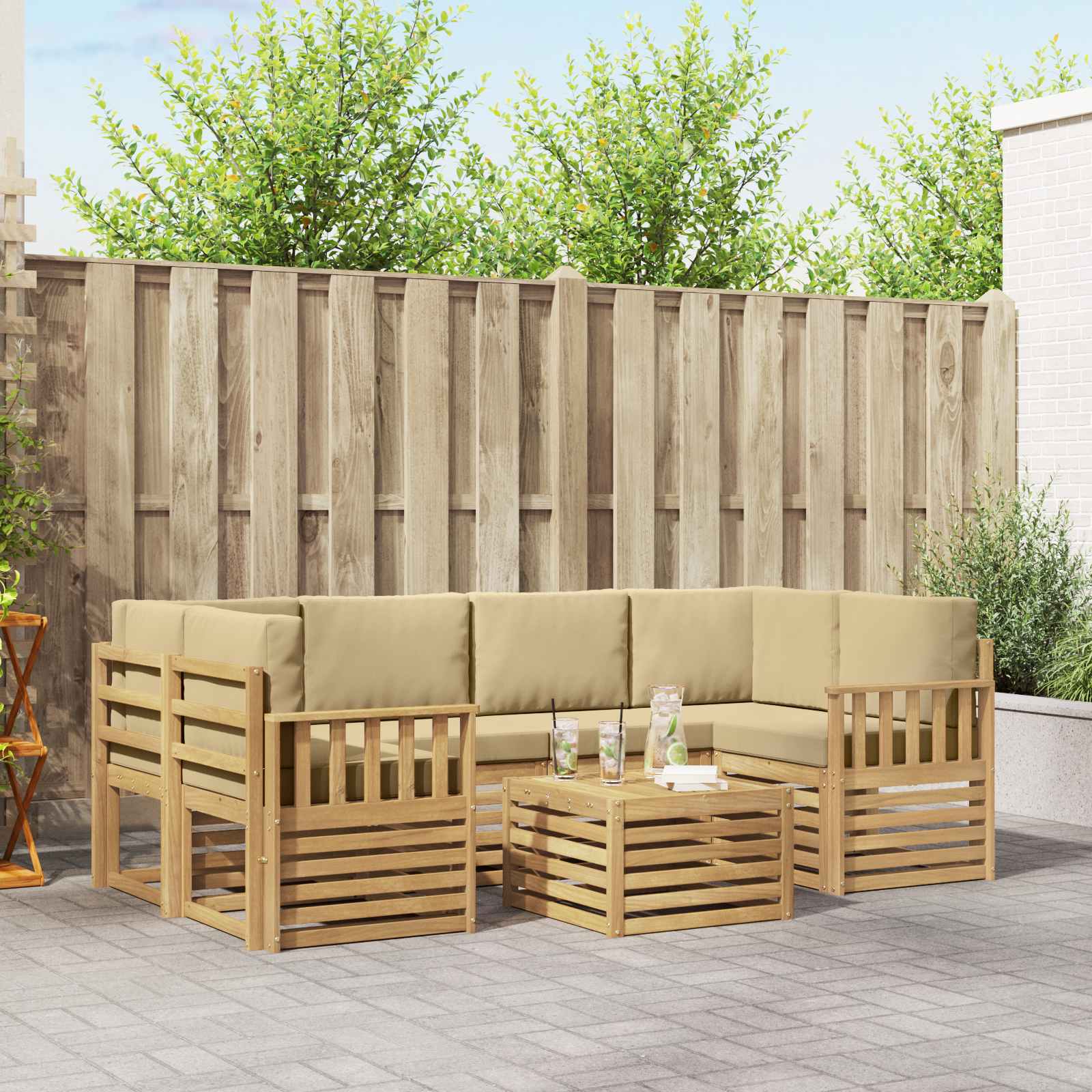Outdoor-Sofagarnitur 7 stk. Weiß und Beige Polyester
