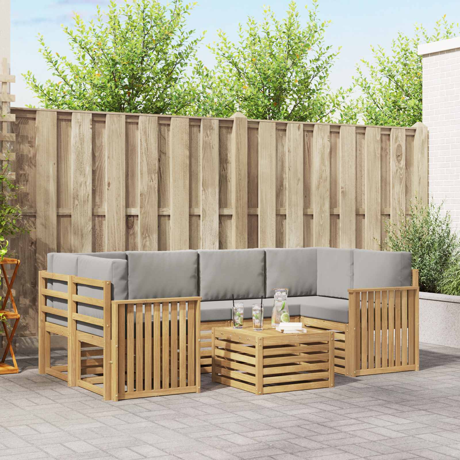 Outdoor-Sofagarnitur 7 stk. Weiß und Hellgrau Polyester