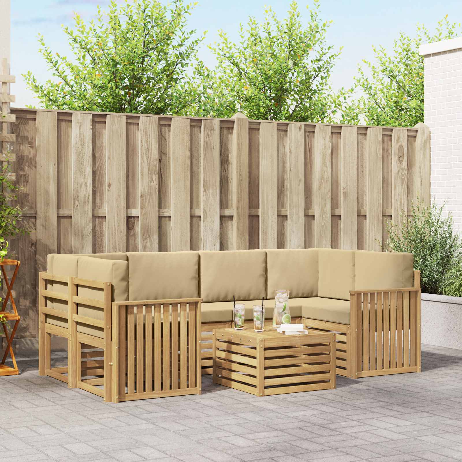 Outdoor-Sofagarnitur 7 stk. Weiß und Beige Polyester