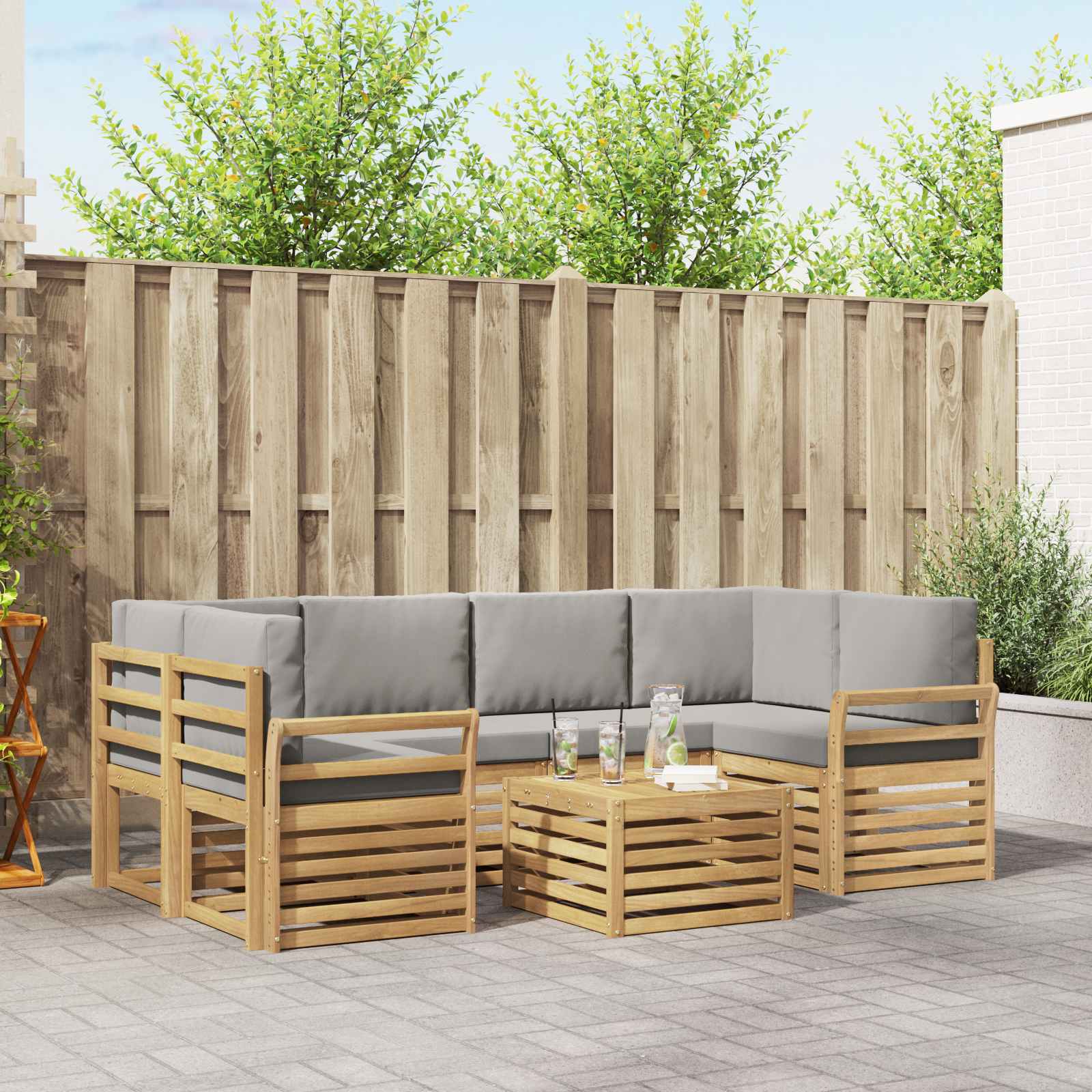 Outdoor-Sofagarnitur 7 stk. Weiß und Hellgrau Polyester