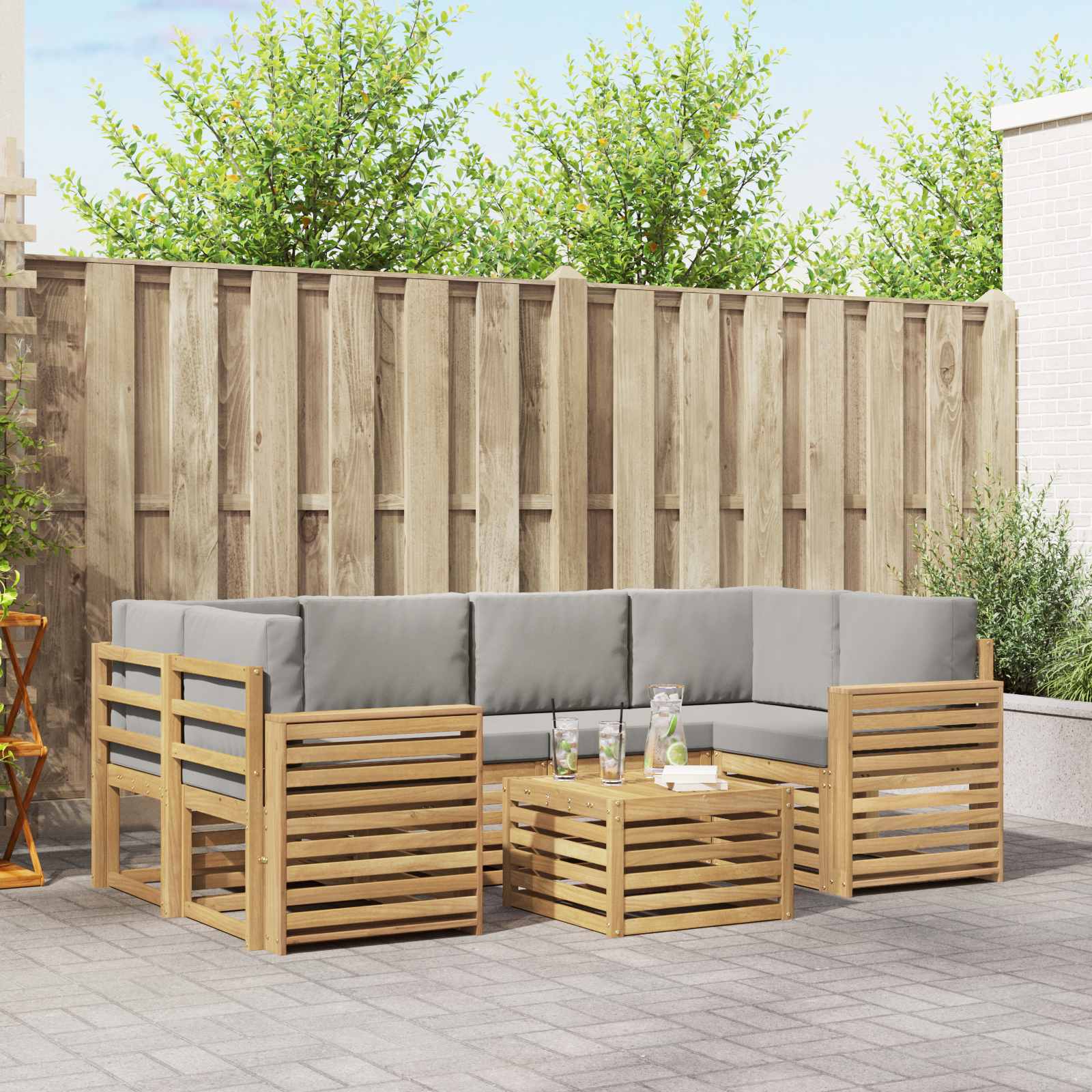 Outdoor-Sofagarnitur 7 stk. Weiß und Hellgrau Polyester