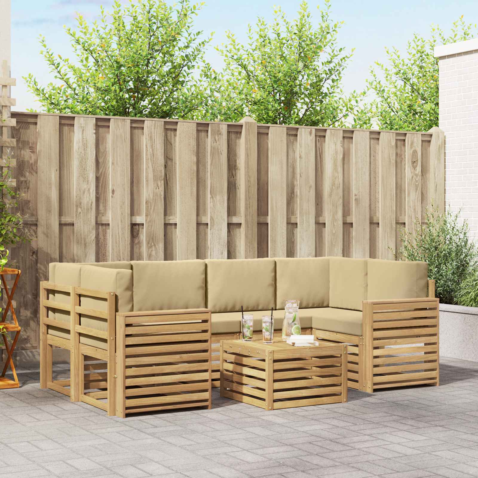 Outdoor-Sofagarnitur 7 stk. Weiß und Beige Polyester