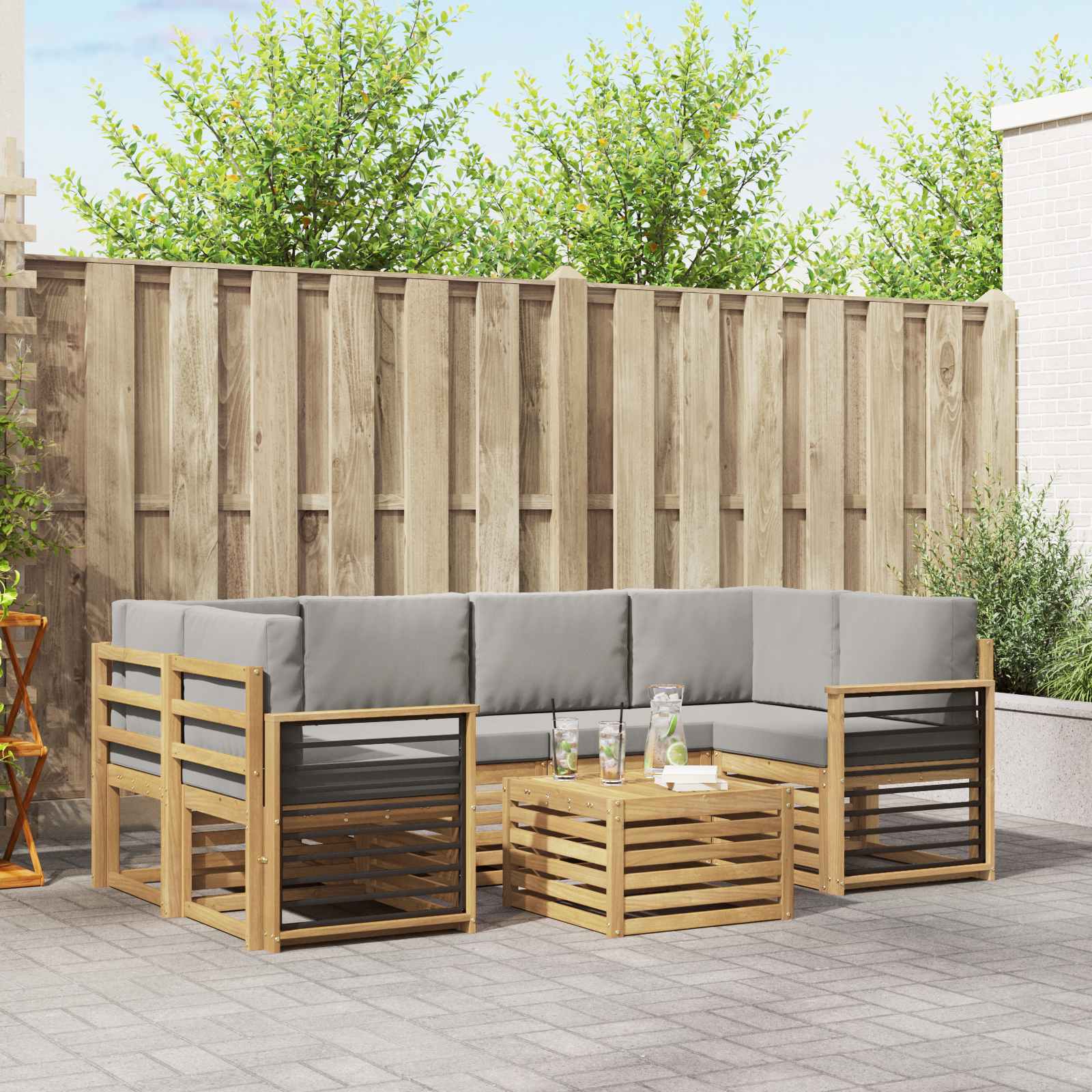Outdoor-Sofagarnitur 7 stk. Weiß und Hellgrau Polyester
