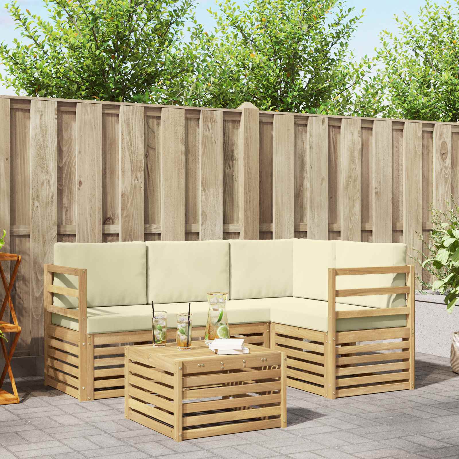 Outdoor-Sofagarnitur 5 stk. Weiß und Creme Polyester
