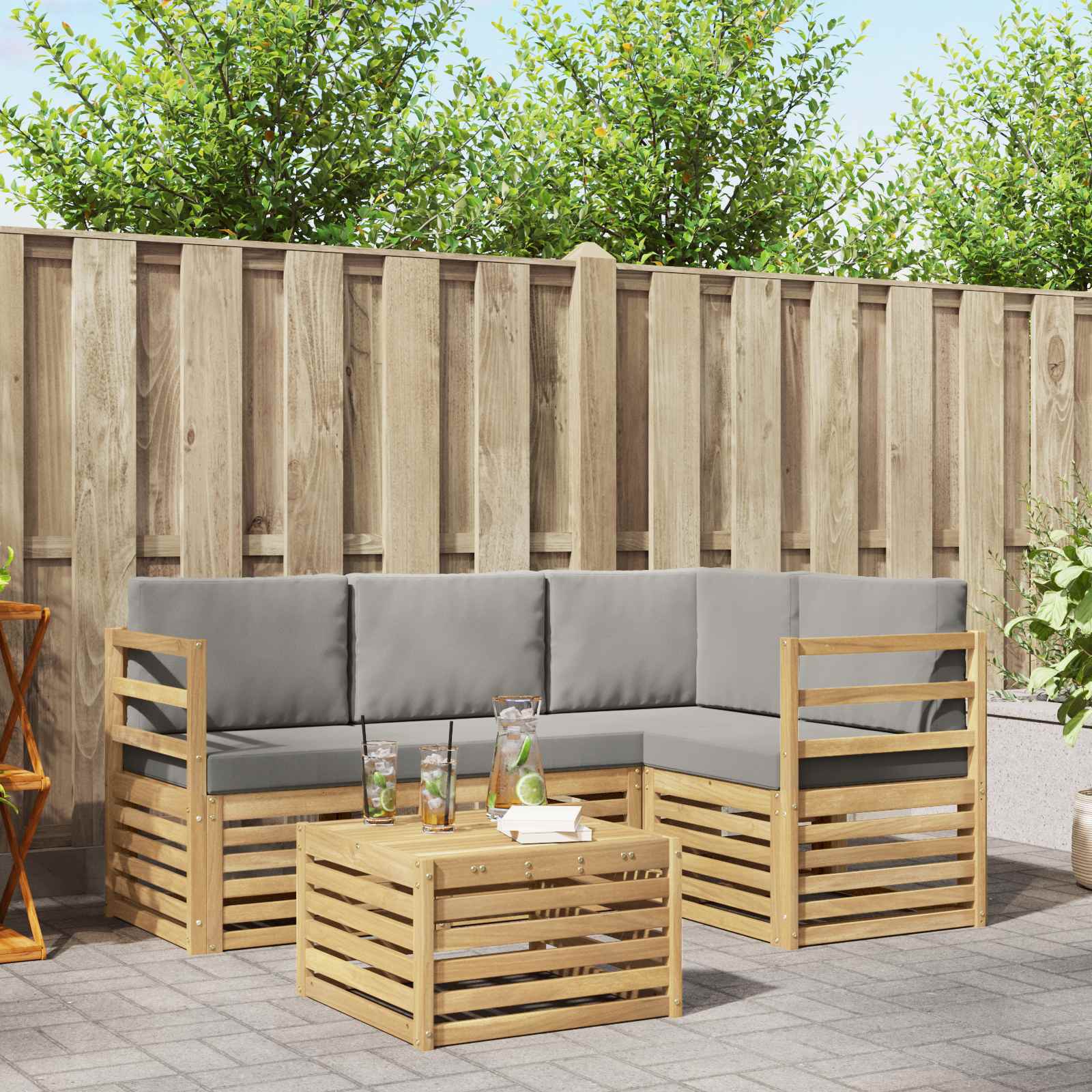 Outdoor-Sofagarnitur 5 stk. Weiß und Hellgrau Polyester