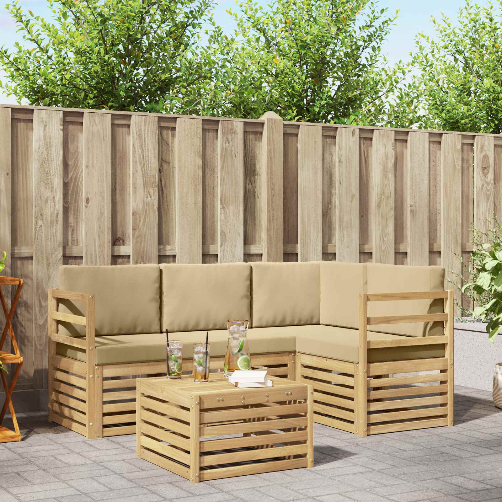 Outdoor-Sofagarnitur 5 stk. Weiß und Beige Polyester