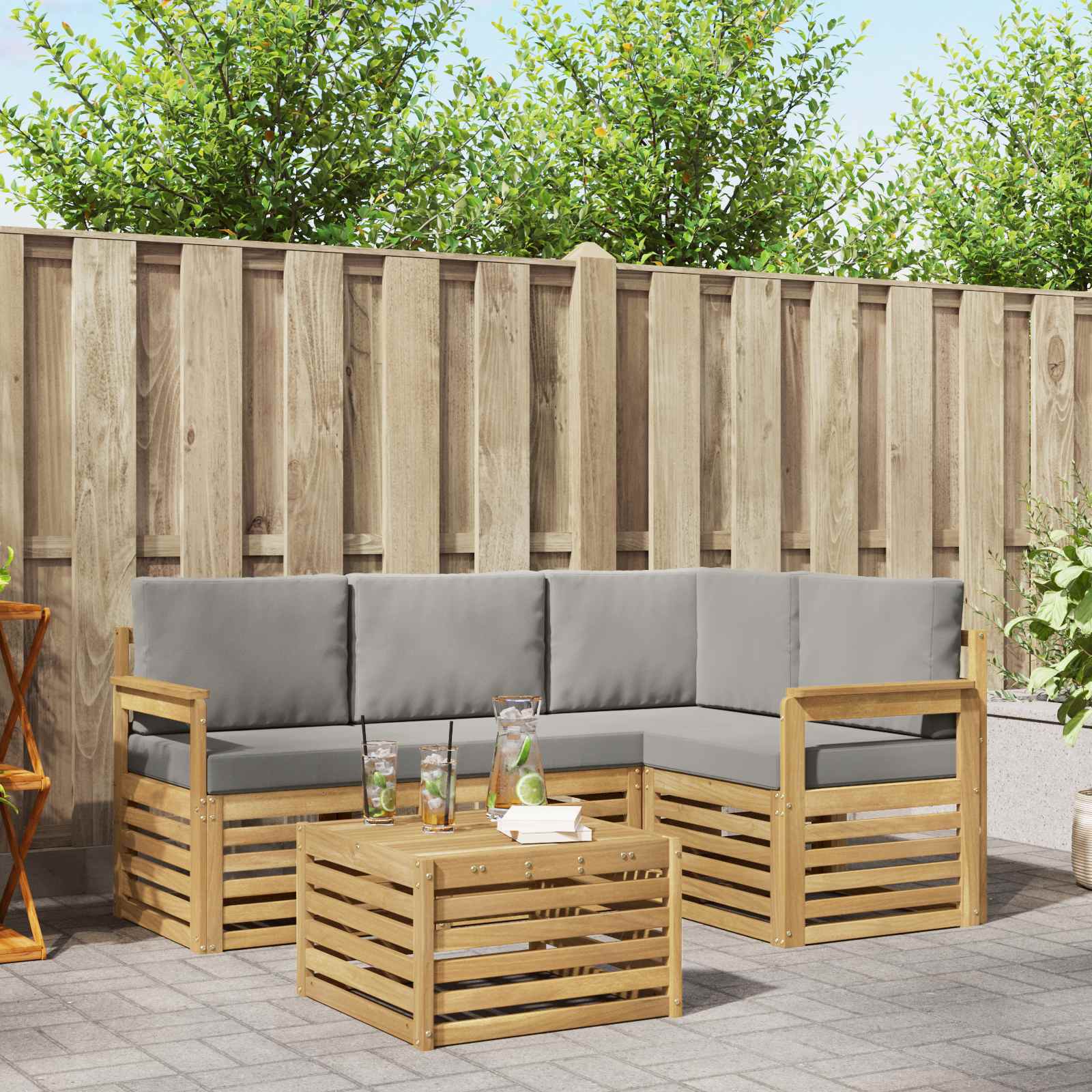 Outdoor-Sofagarnitur 5 stk. Weiß und Hellgrau Polyester
