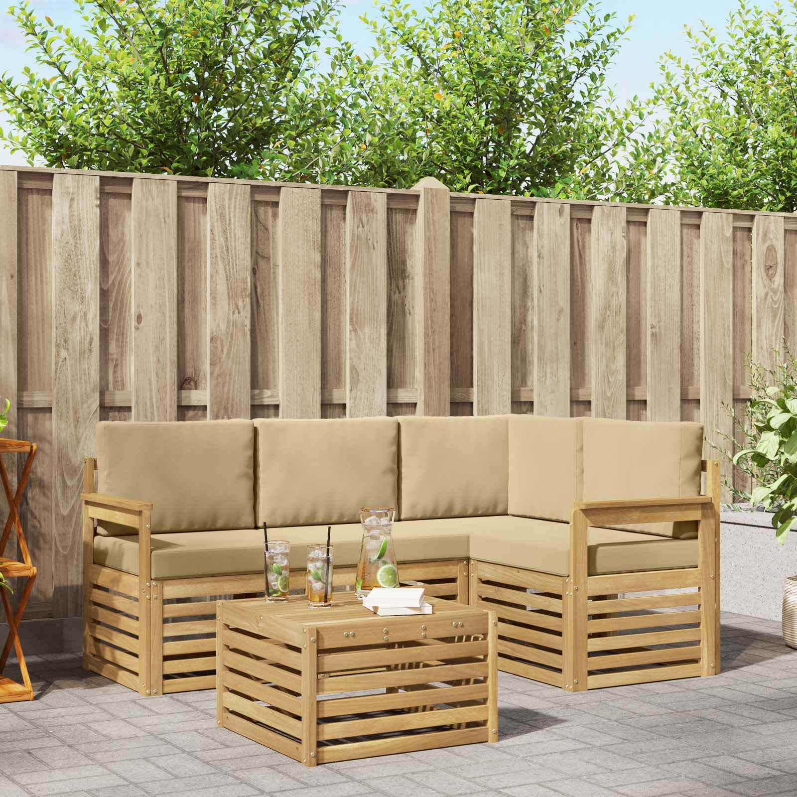 Outdoor-Sofagarnitur 5 stk. Weiß und Beige Polyester