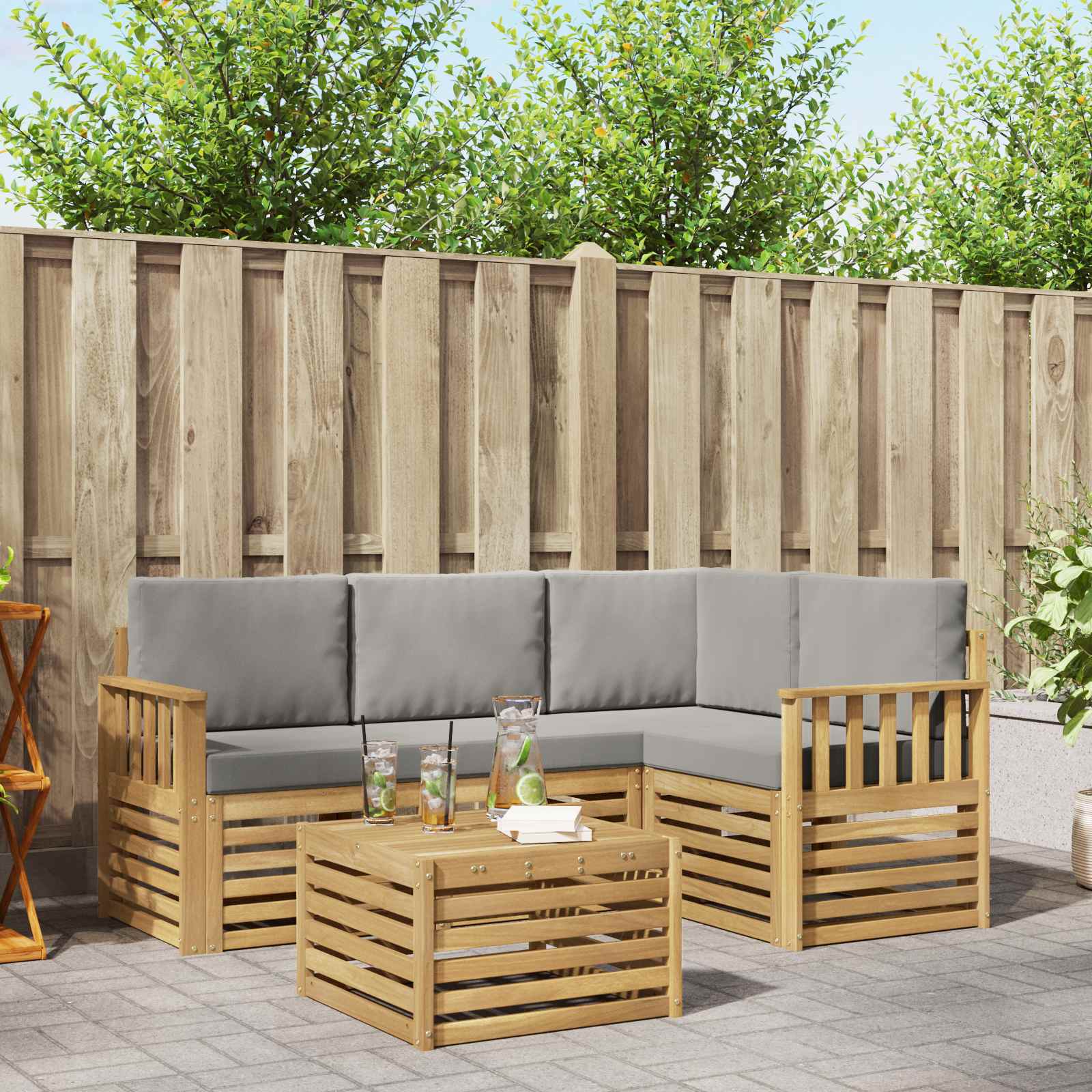 Outdoor-Sofagarnitur 5 stk. Weiß und Hellgrau Polyester