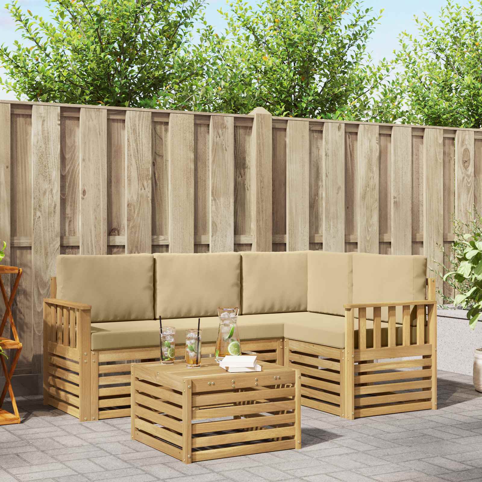 Outdoor-Sofagarnitur 5 stk. Weiß und Beige Polyester