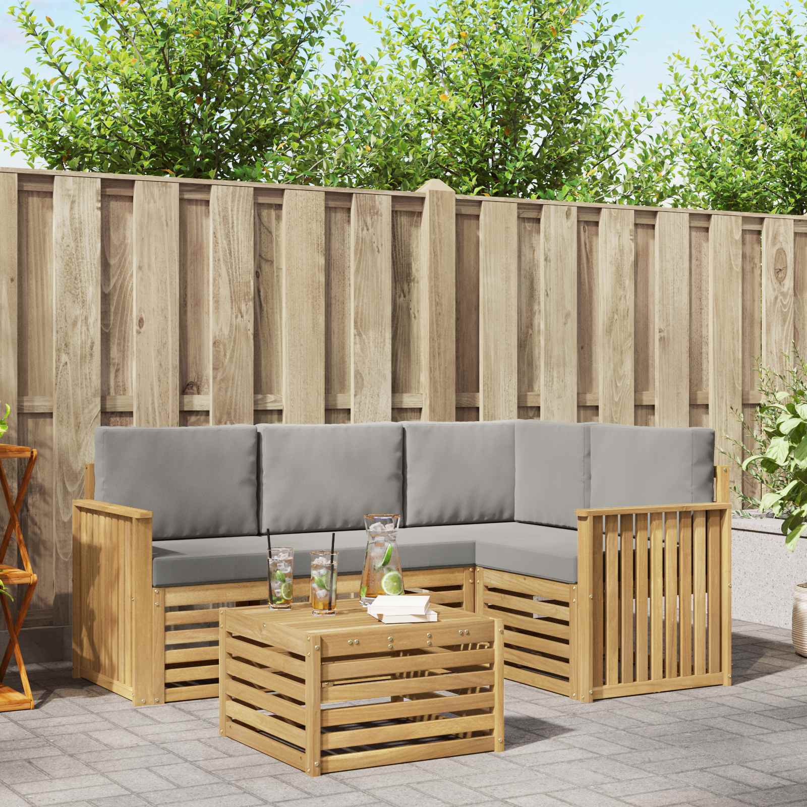 Outdoor-Sofagarnitur 5 stk. Weiß und Hellgrau Polyester
