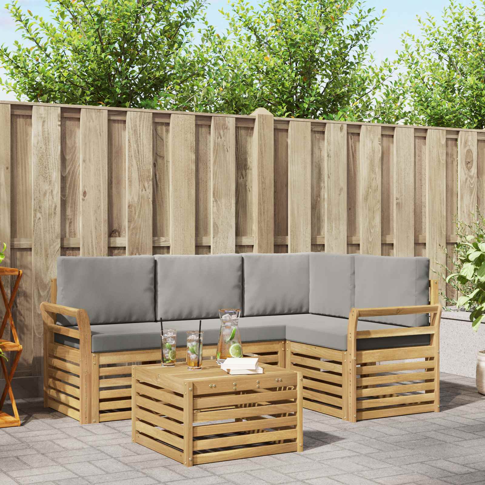 Outdoor-Sofagarnitur 5 stk. Weiß und Hellgrau Polyester