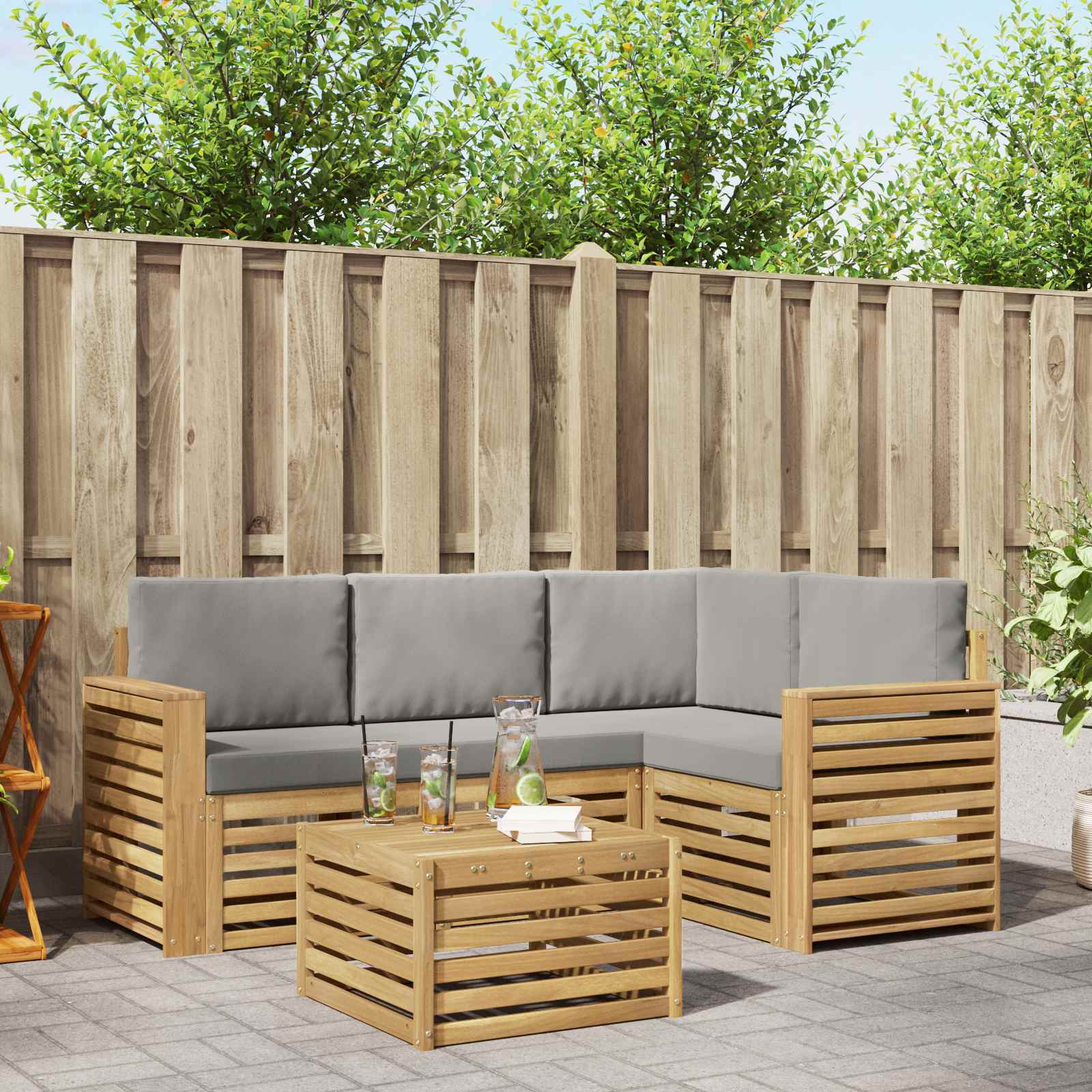Outdoor-Sofagarnitur 5 stk. Weiß und Hellgrau Polyester