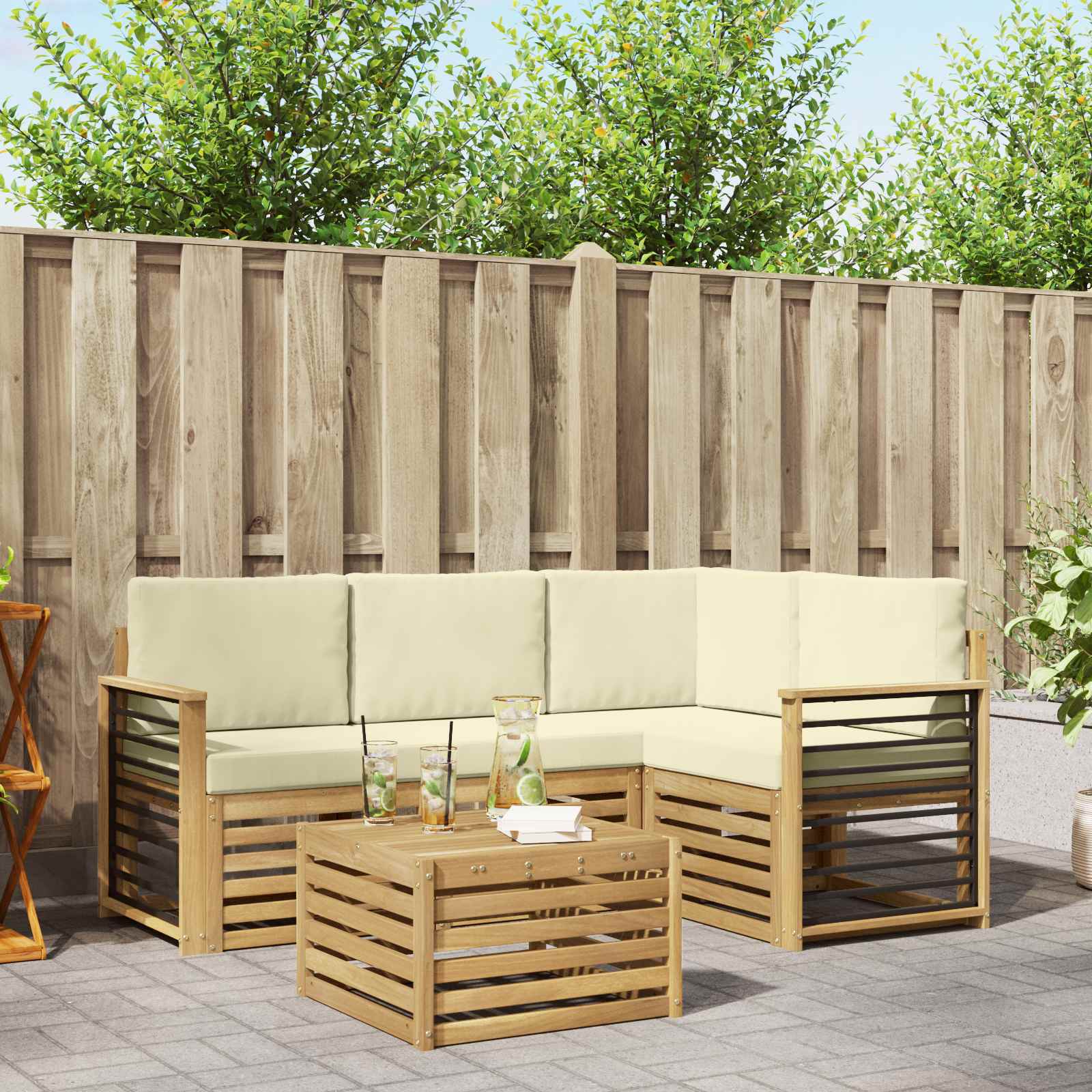Outdoor-Sofagarnitur 5 stk. Weiß und Creme Polyester