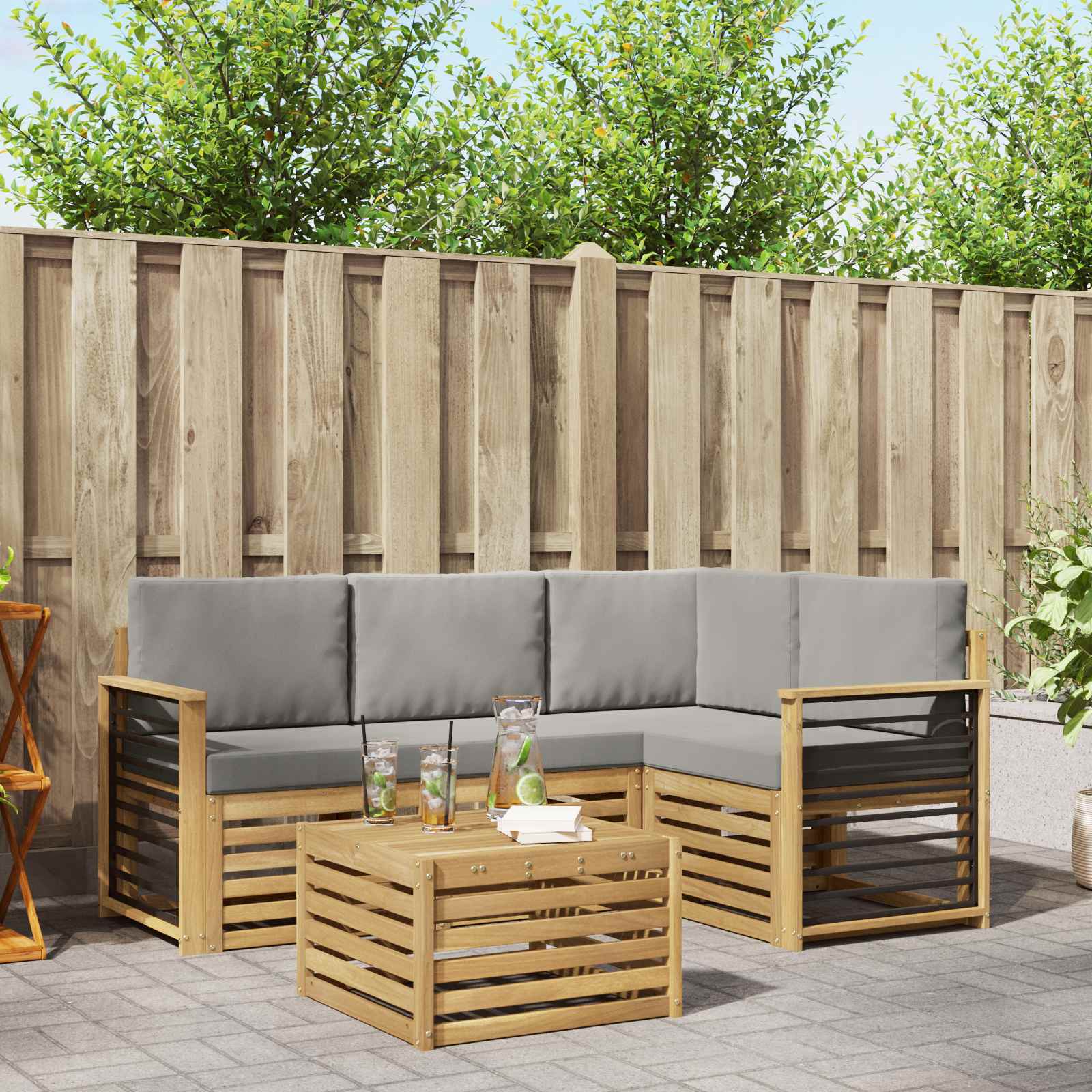 Outdoor-Sofagarnitur 5 stk. Weiß und Hellgrau Polyester