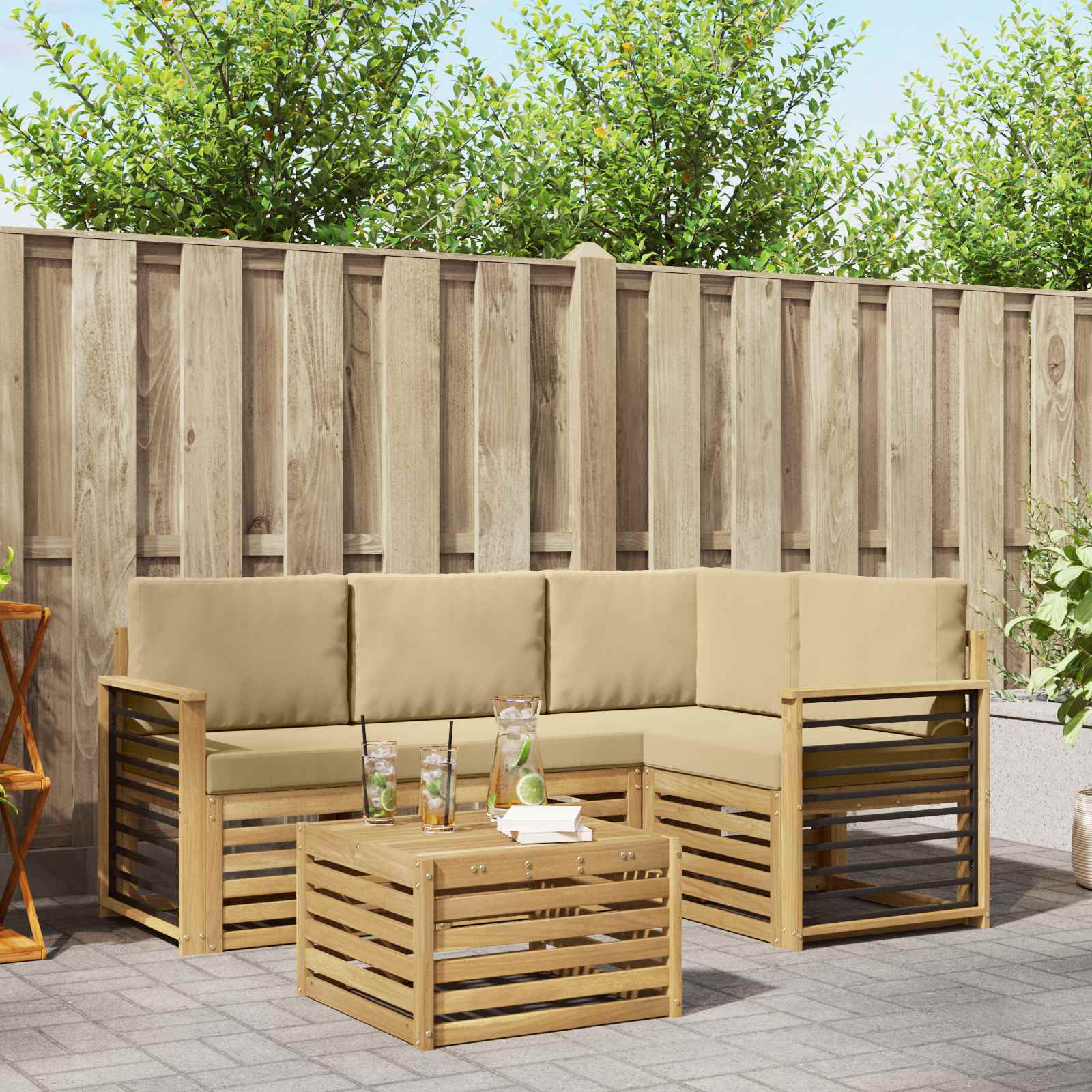 Outdoor-Sofagarnitur 5 stk. Weiß und Beige Polyester
