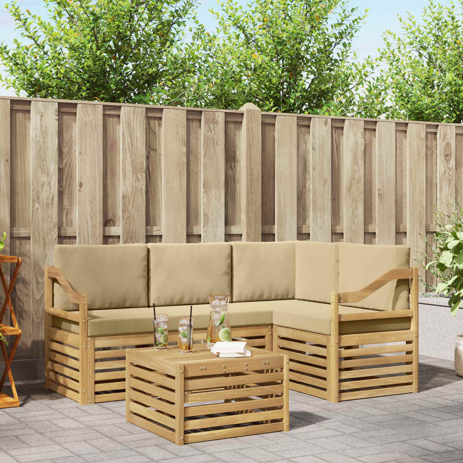 Outdoor-Sofagarnitur 5 stk. Weiß und Beige Polyester