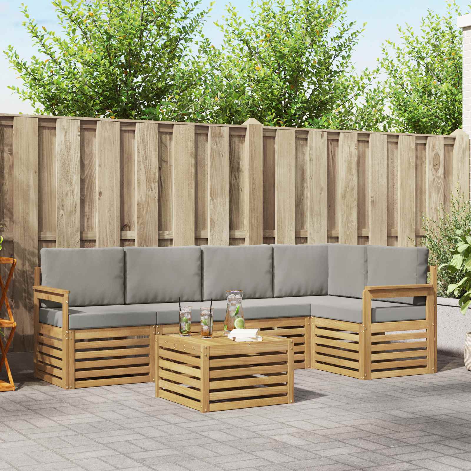 Outdoor-Sofagarnitur 6 stk. Weiß und Hellgrau Polyester