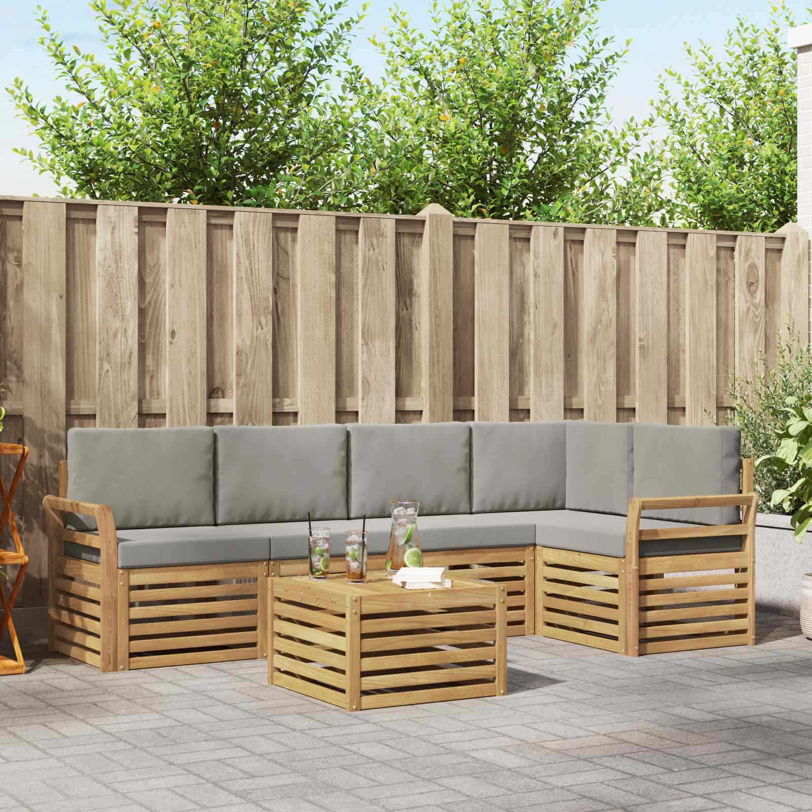 Outdoor-Sofagarnitur 6 stk. Weiß und Hellgrau Polyester