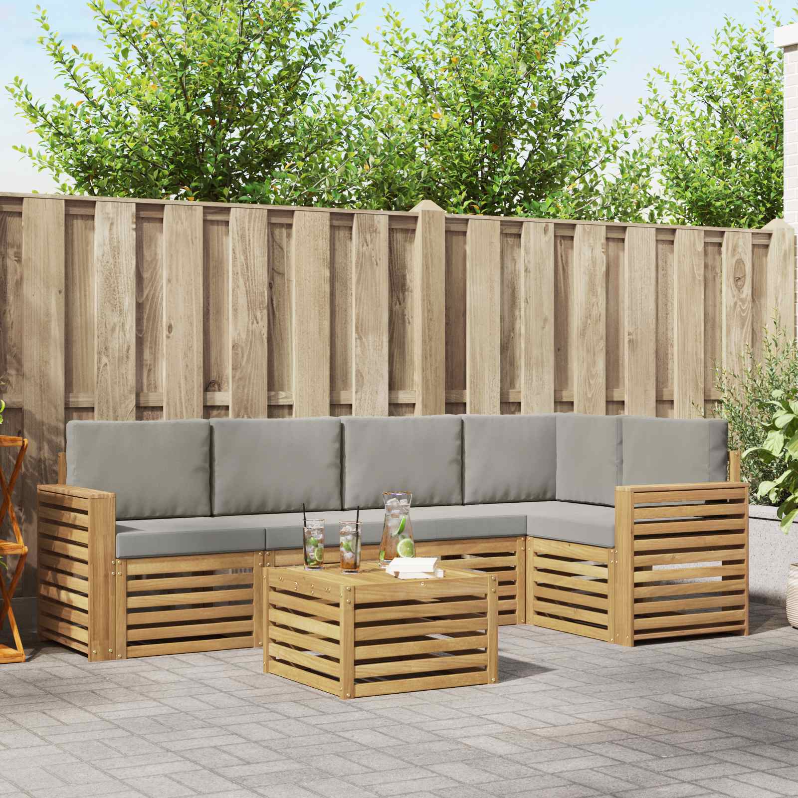 Outdoor-Sofagarnitur 6 stk. Weiß und Hellgrau Polyester